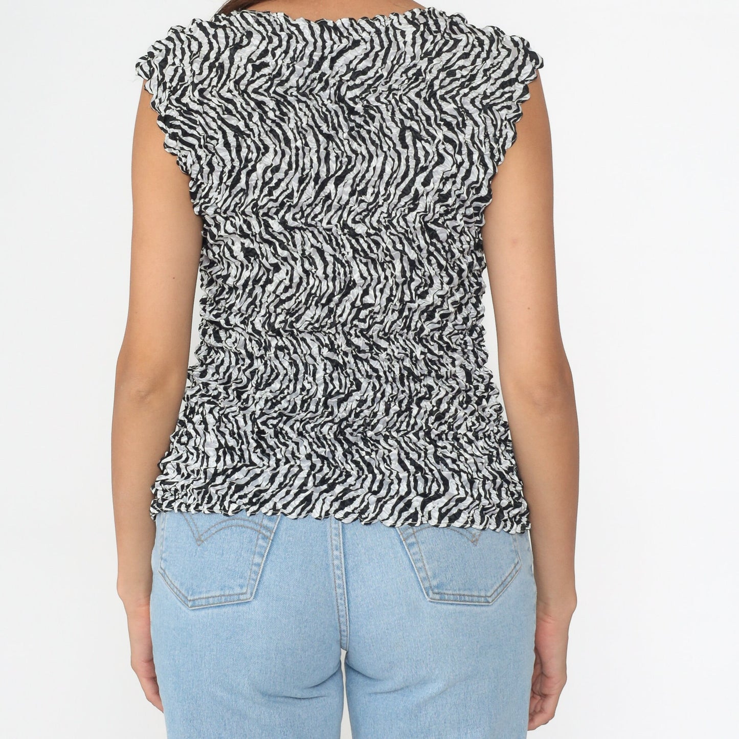Y2K Zebra Popcorn Texture Tank Top Black White Sleeveless Blouse One Size