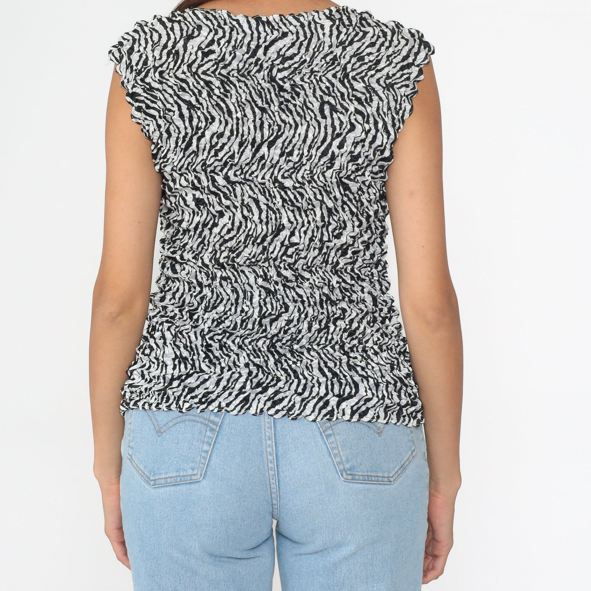 Y2K Zebra Popcorn Texture Tank Top Black White Sleeveless Blouse One Size