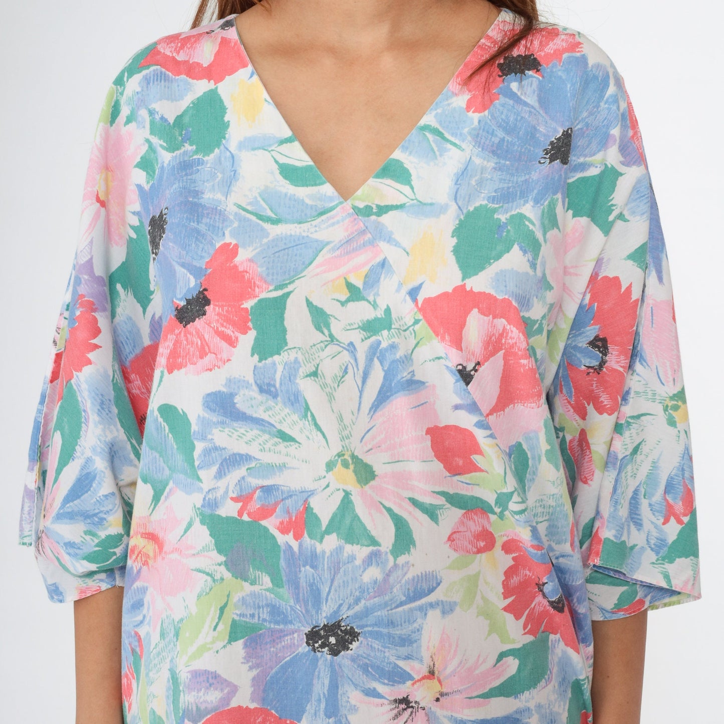 80s Floral Maxi Dress White Watercolor Surplice V-Neck 3/4 Sleeve Medium