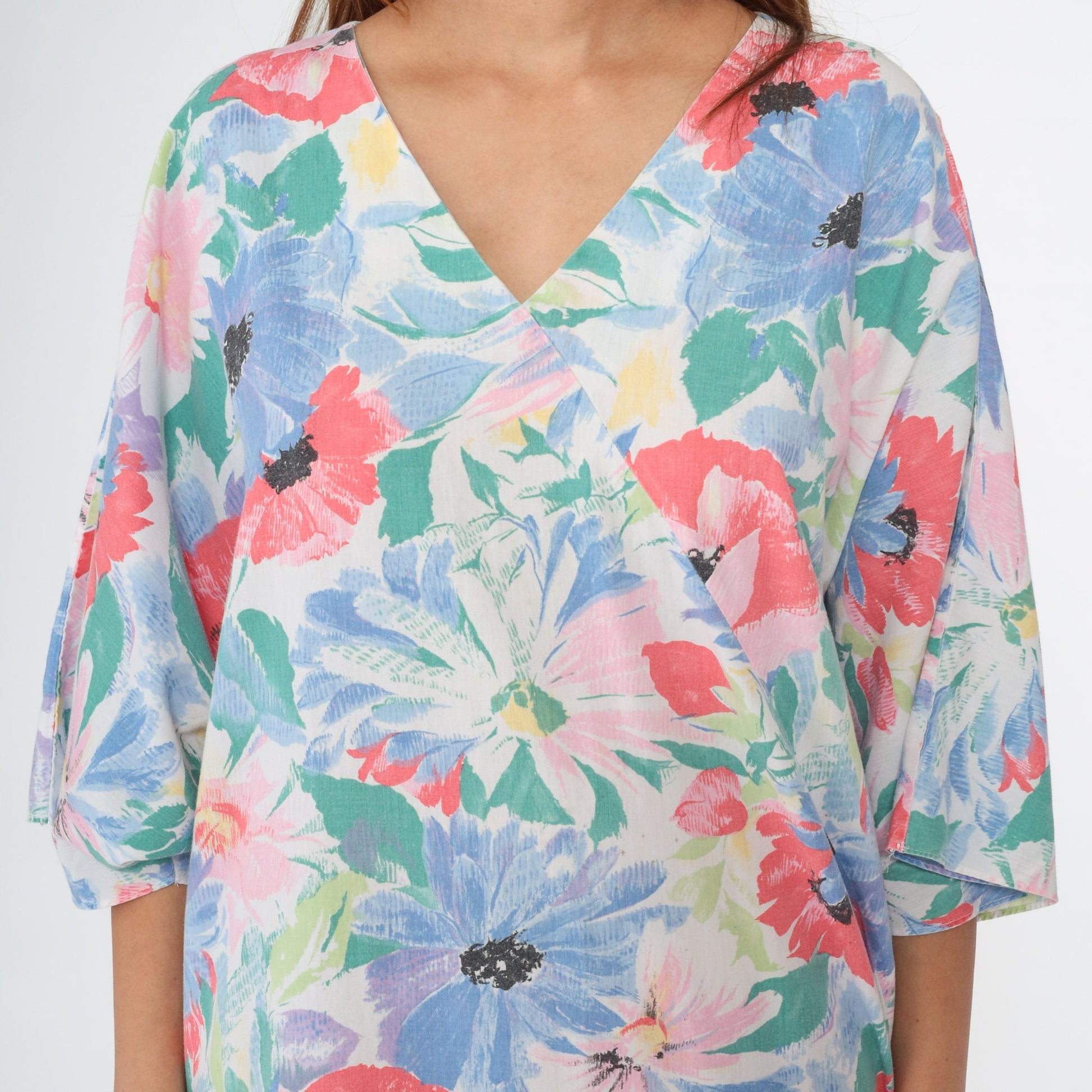 80s Floral Maxi Dress White Watercolor Surplice V-Neck 3/4 Sleeve Medium