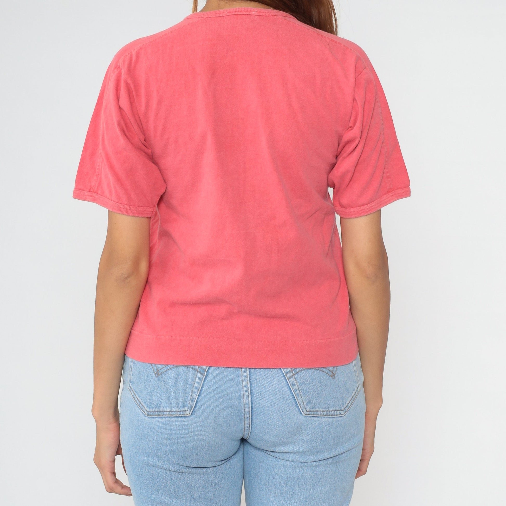 90s Coral Pink Crewneck T-Shirt Plain Tee Small S
