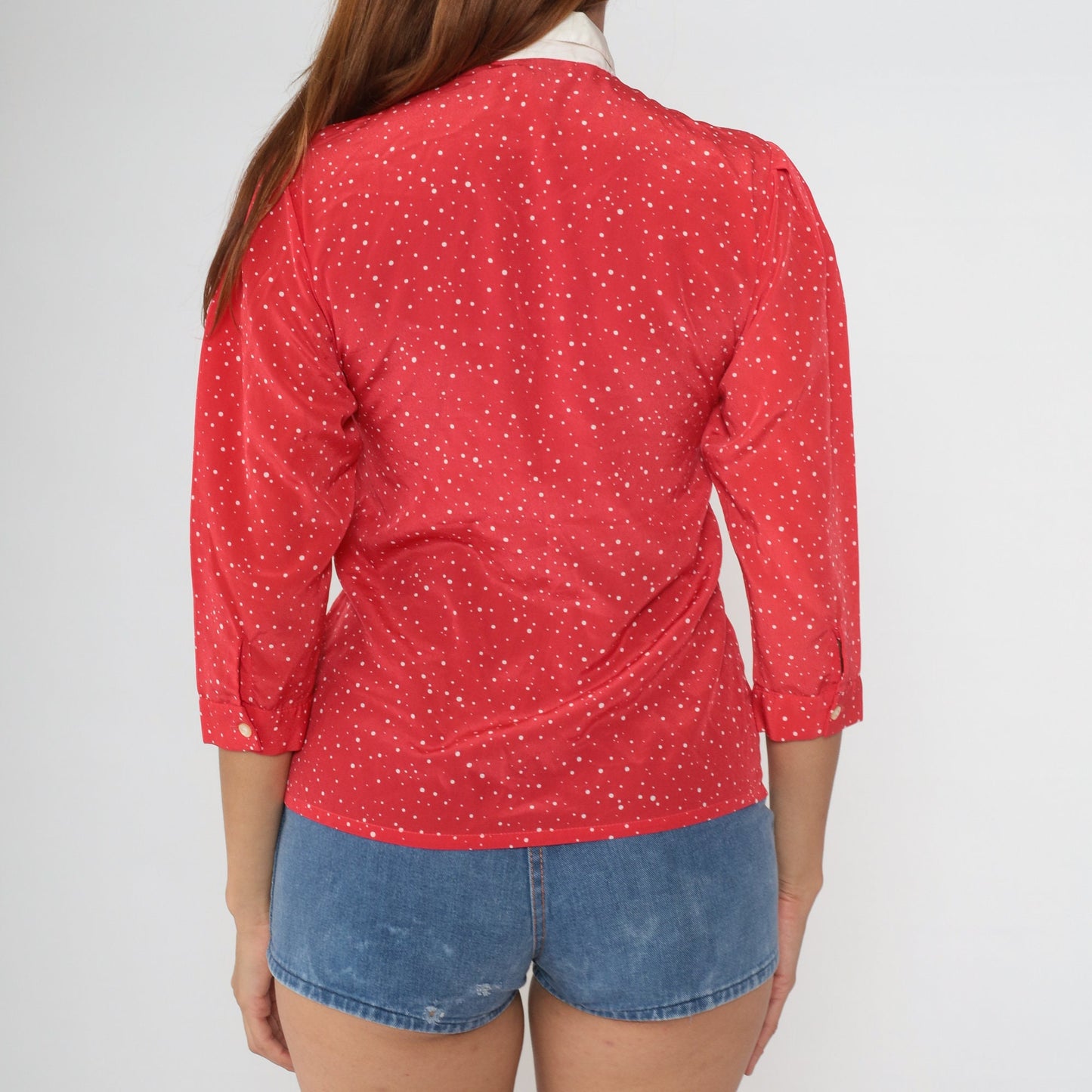 80s Red Polka Dot Puff Sleeve Blouse White Collar Button Up Extra Small