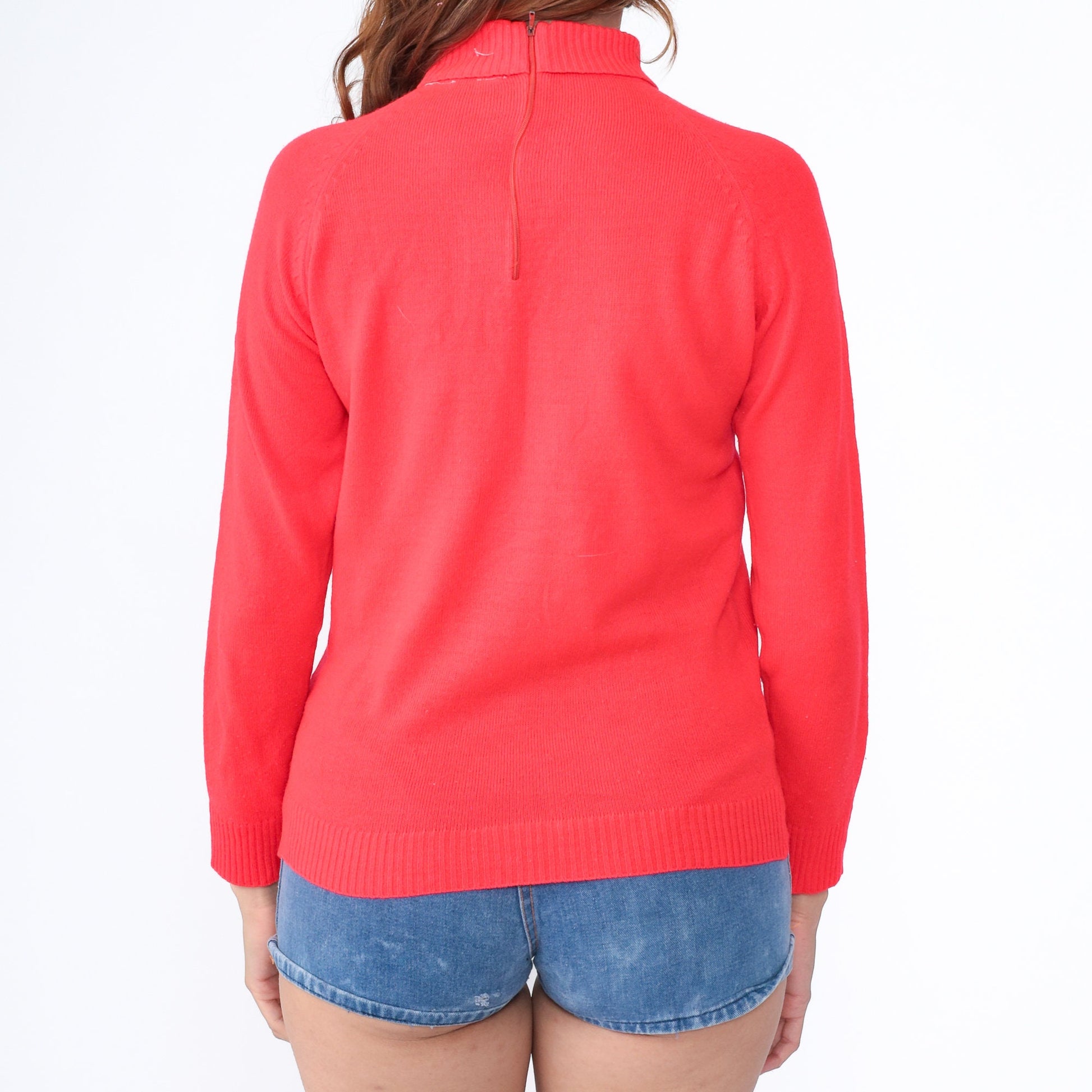 70s Full Fashions Red Turtleneck Raglan Sweater Rear Zipper Small