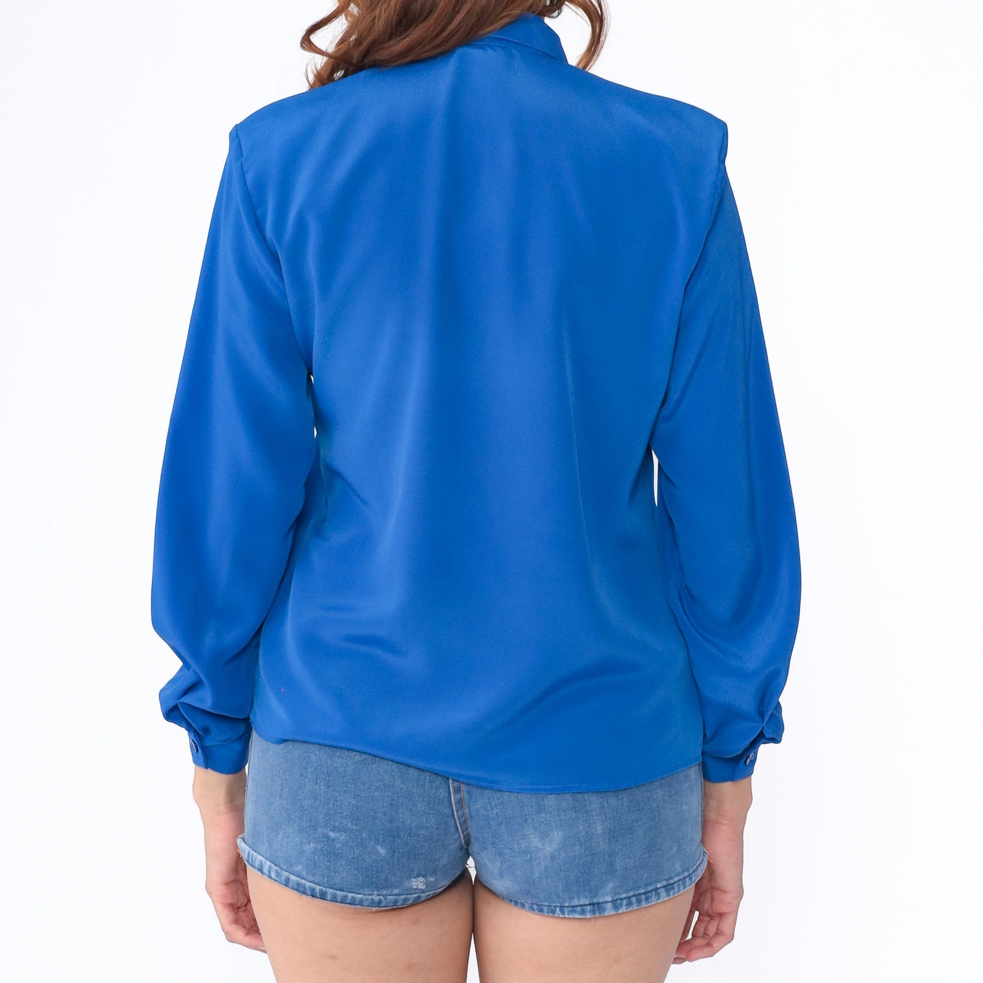 90s Royal Blue Pleated Blouse Detachable Collar Button-Up Long Sleeve Small S