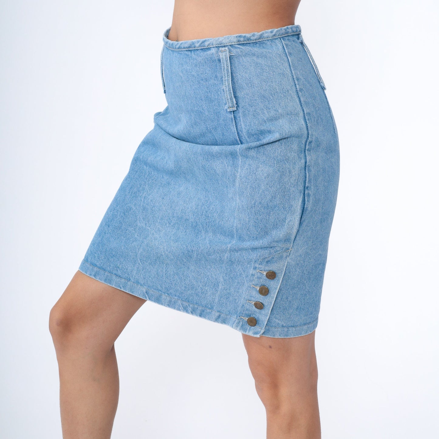 90s Blue Denim Mini Skirt High Waist Pencil Cut Side Button Medium