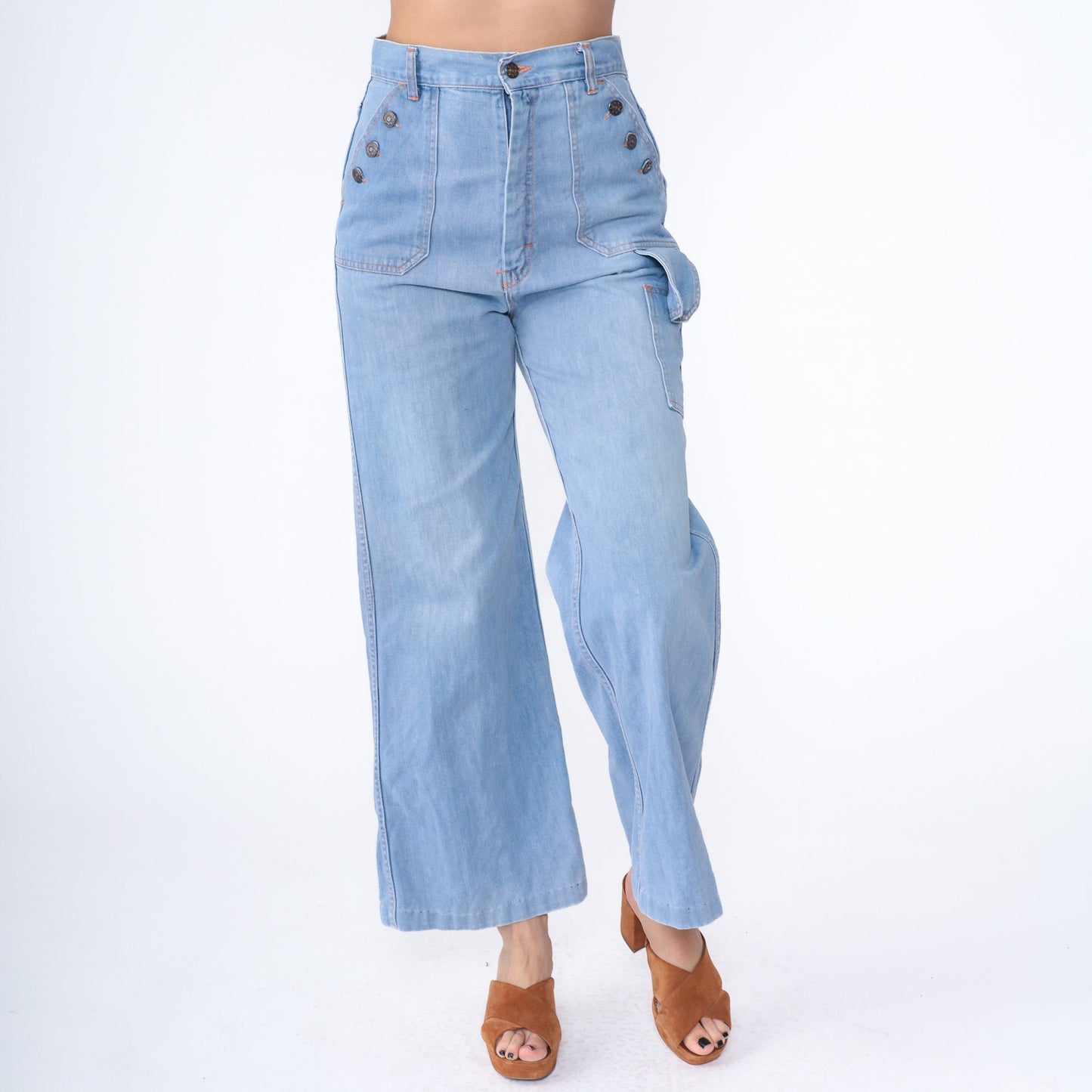 70s Blue Denim Bell Bottom Jeans High Waist Wide Leg Flare Medium 8