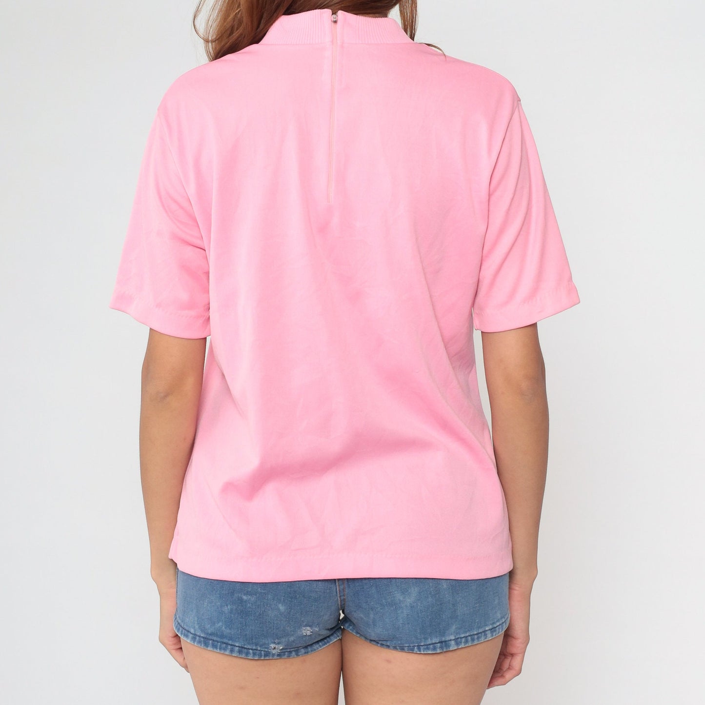 70s Pink Mock Neck Shirt Short Sleeve Blouse Medium Large