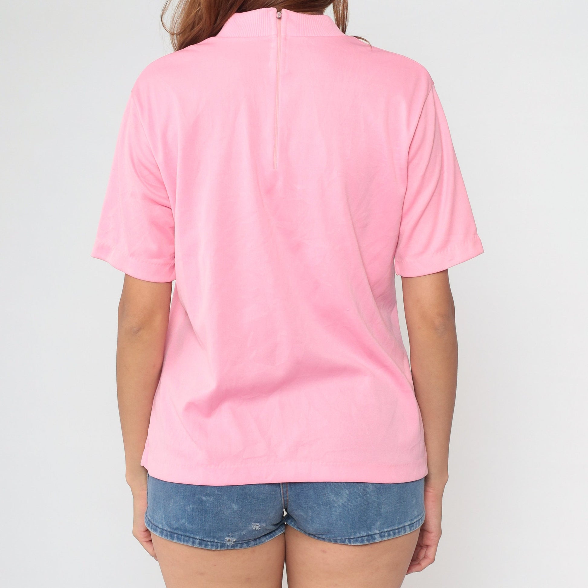 70s Pink Mock Neck Shirt Short Sleeve Blouse Medium Large