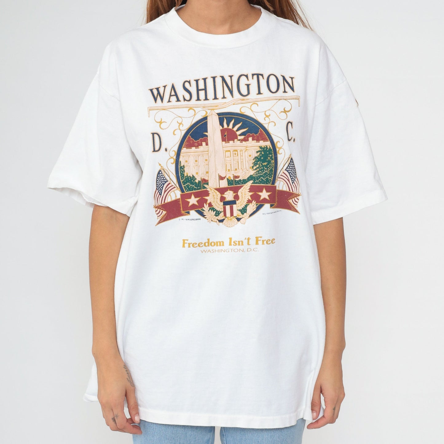 90s Washington DC 'Freedom Isn't Free' Graphic T-Shirt White Cotton Extra Large XXL