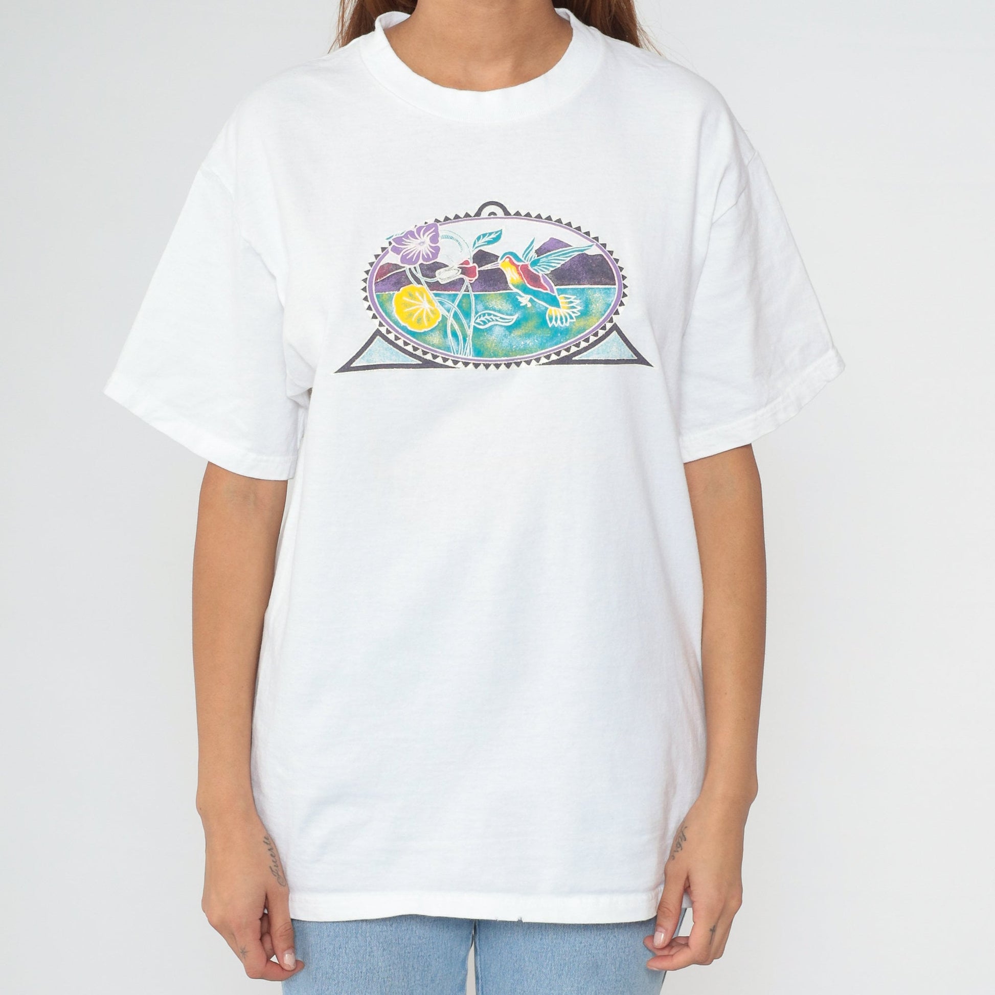90s Hummingbird Floral Graphic T-Shirt White Cotton Tee Mountain Print Large