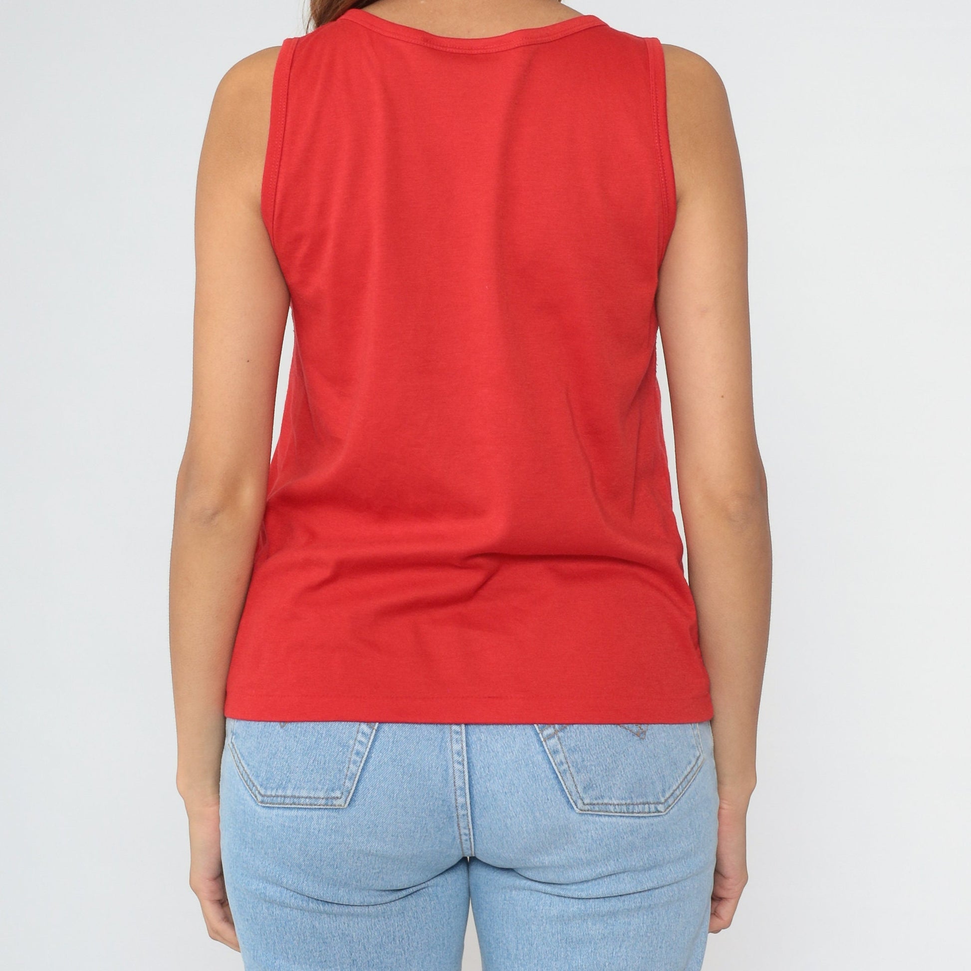 80s Red Cotton Henley Tank Top Button Chest Sleeveless Medium