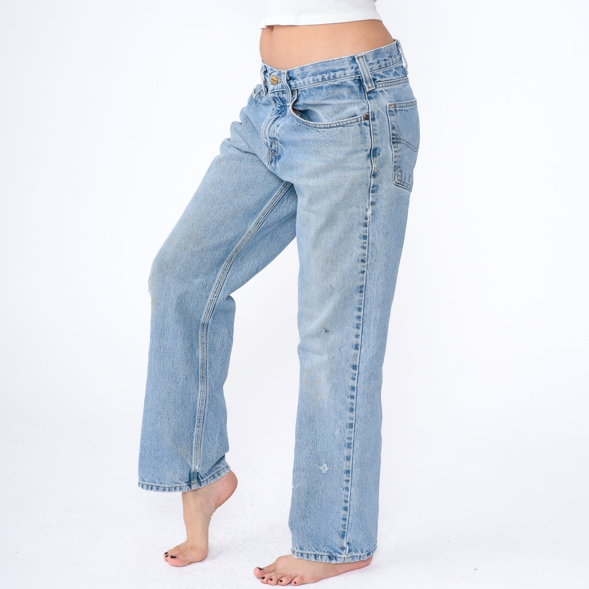 90s Carhartt Denim Jeans Tapered Straight Leg Blue Distressed 34