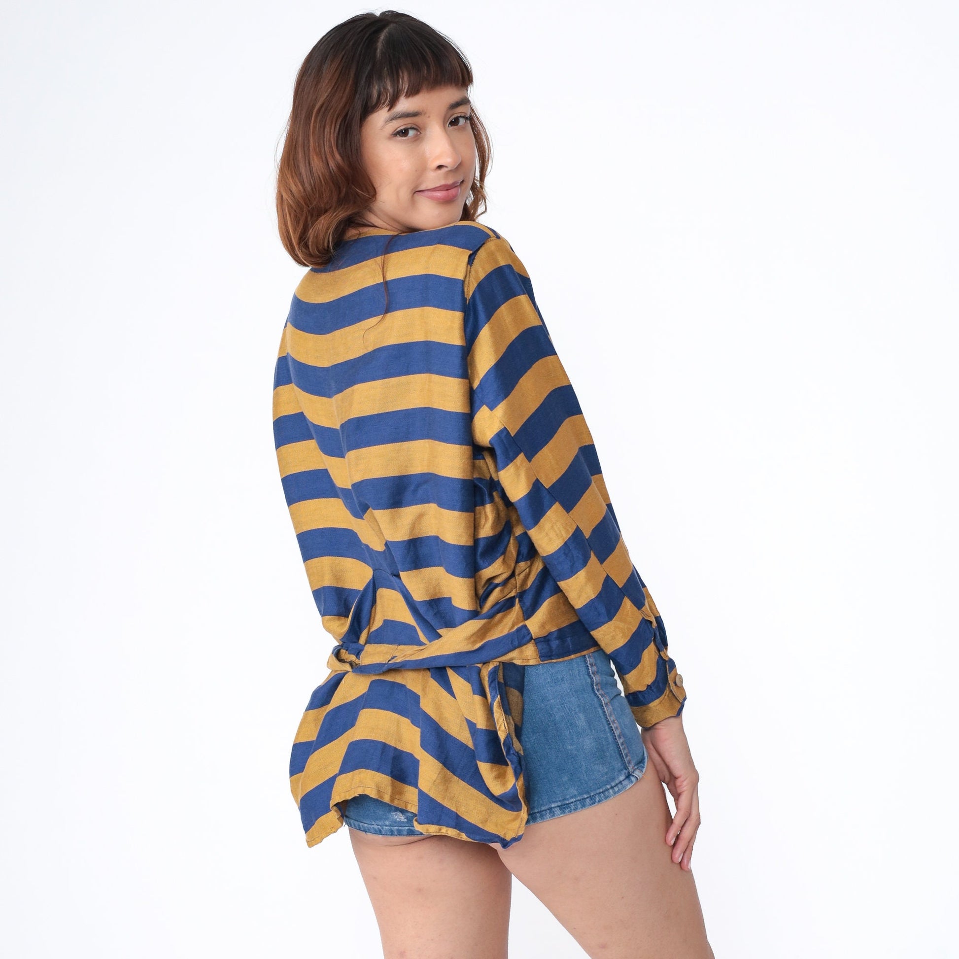 80s Striped Linen Cotton Blouse Blue Mustard Button Up Long Sleeve Large
