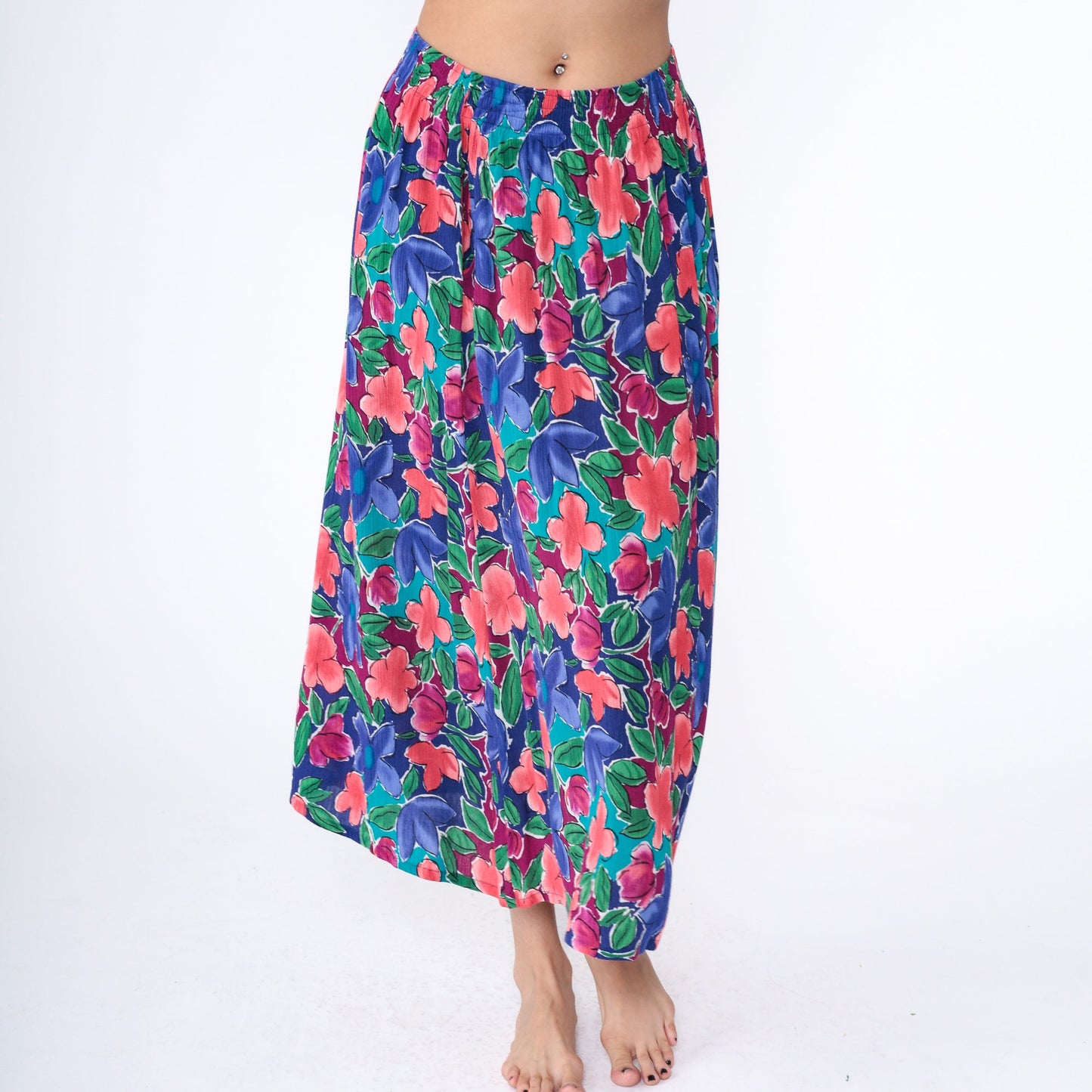 80s The Villager Floral Maxi Skirt Rayon High Waist Ankle Length Blue Medium