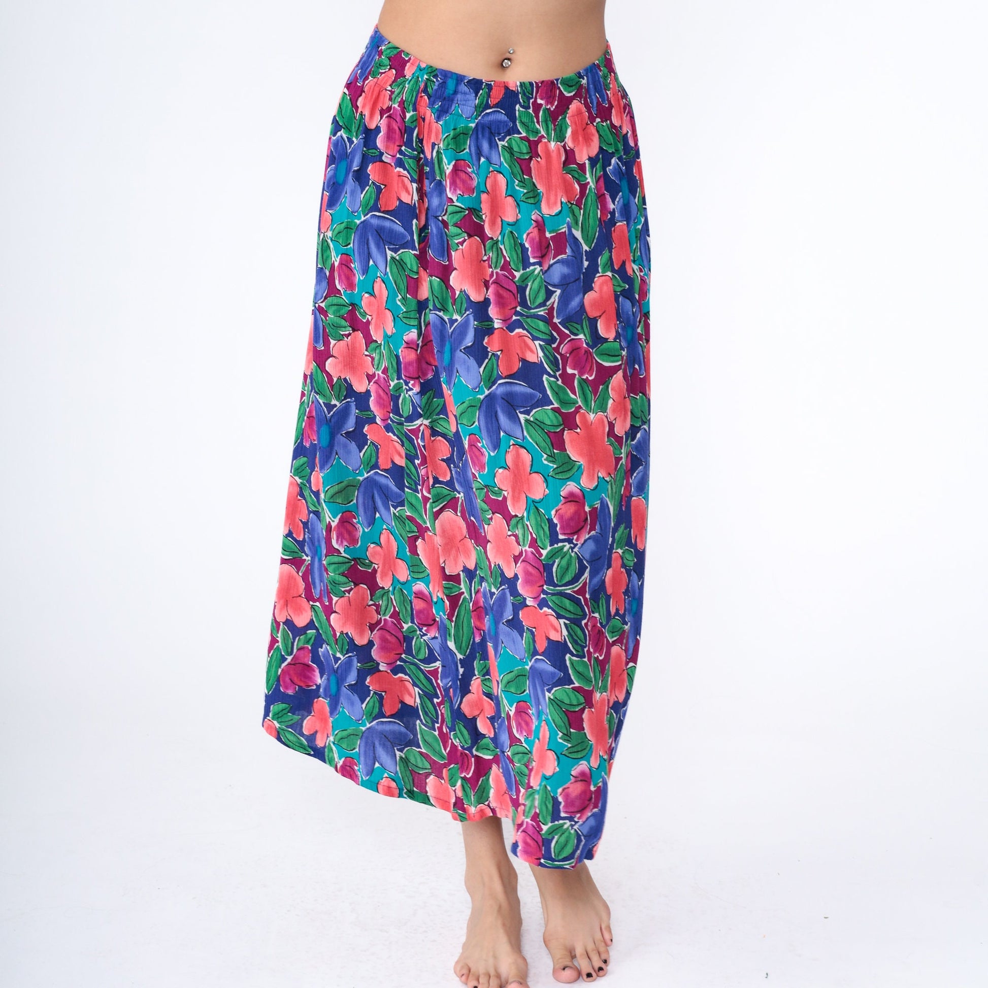 80s The Villager Floral Maxi Skirt Rayon High Waist Ankle Length Blue Medium