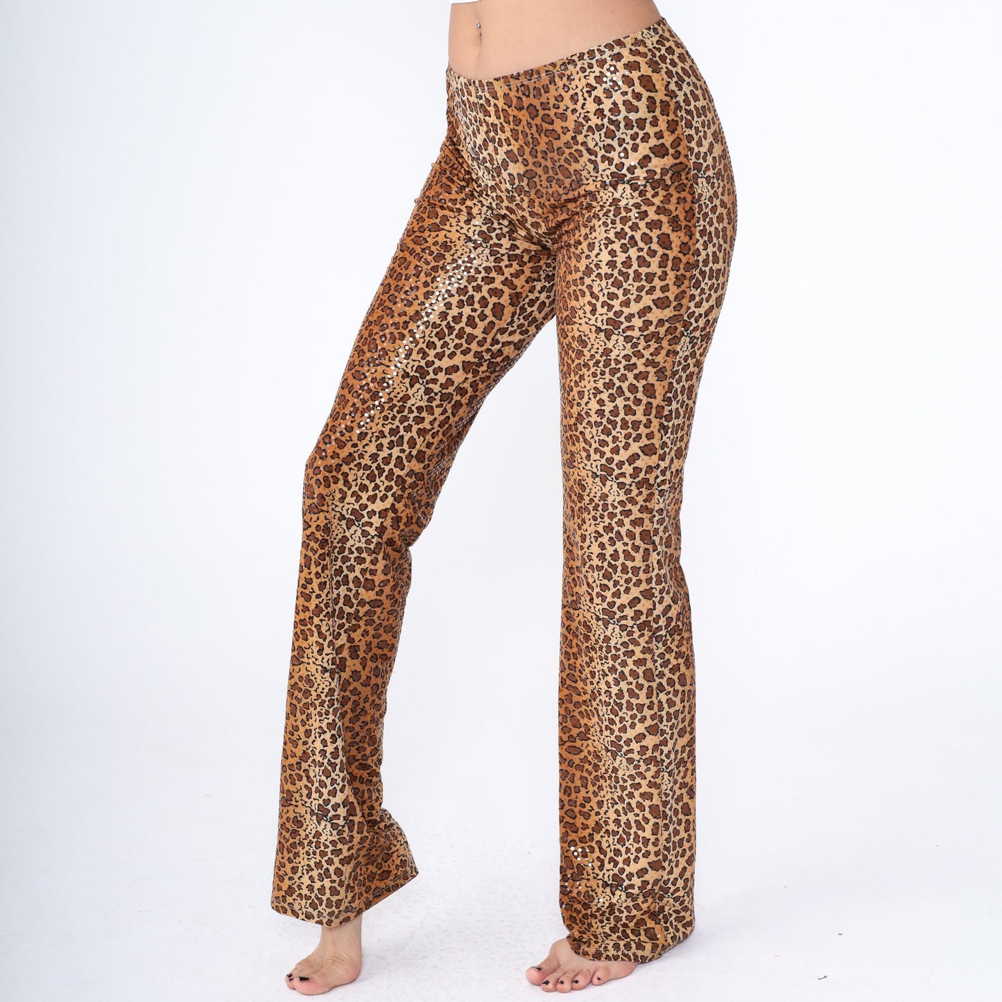 00s Hot Kiss Leopard Glitter Flared Pants Low Rise Y2K Large