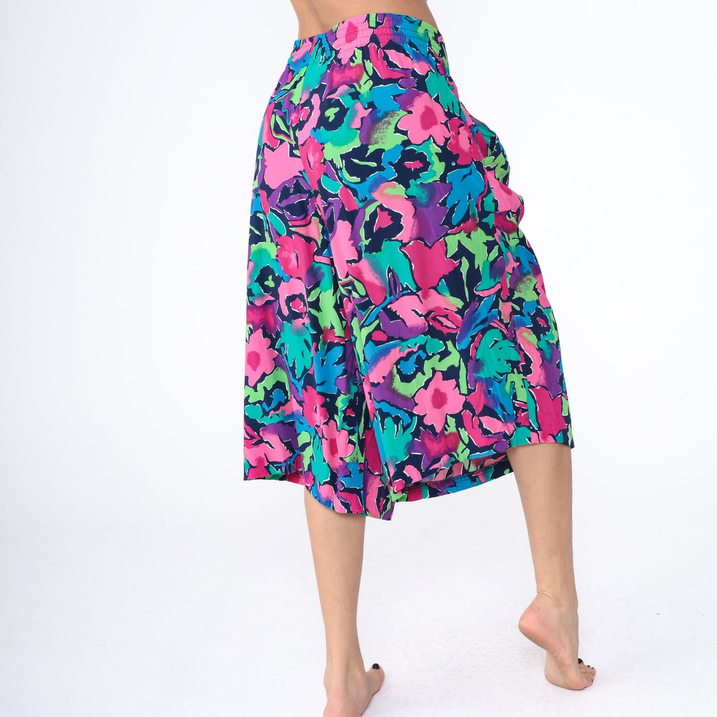 90s Floral Capri Pants High Waist Pleated Wide Leg Abstract Print Purple Pink Medium