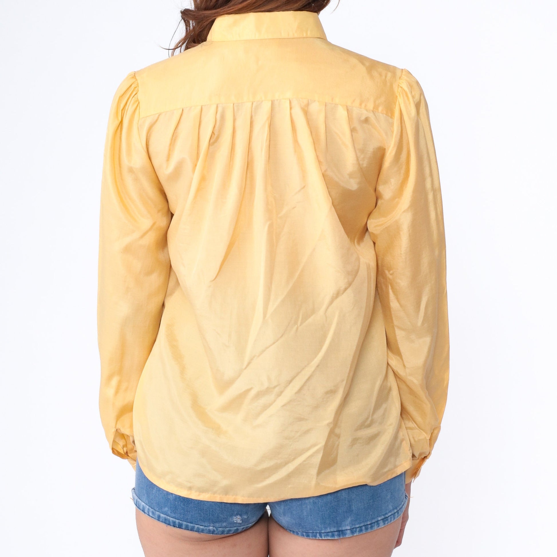 80s Adori Yellow Silk Puff Sleeve Button-Up Blouse Collar Medium