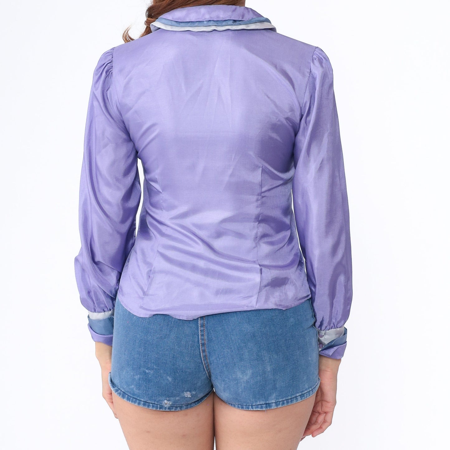 80s Lavender Shiny Blouse Peter Pan Collar Puff Sleeve Button Up Small