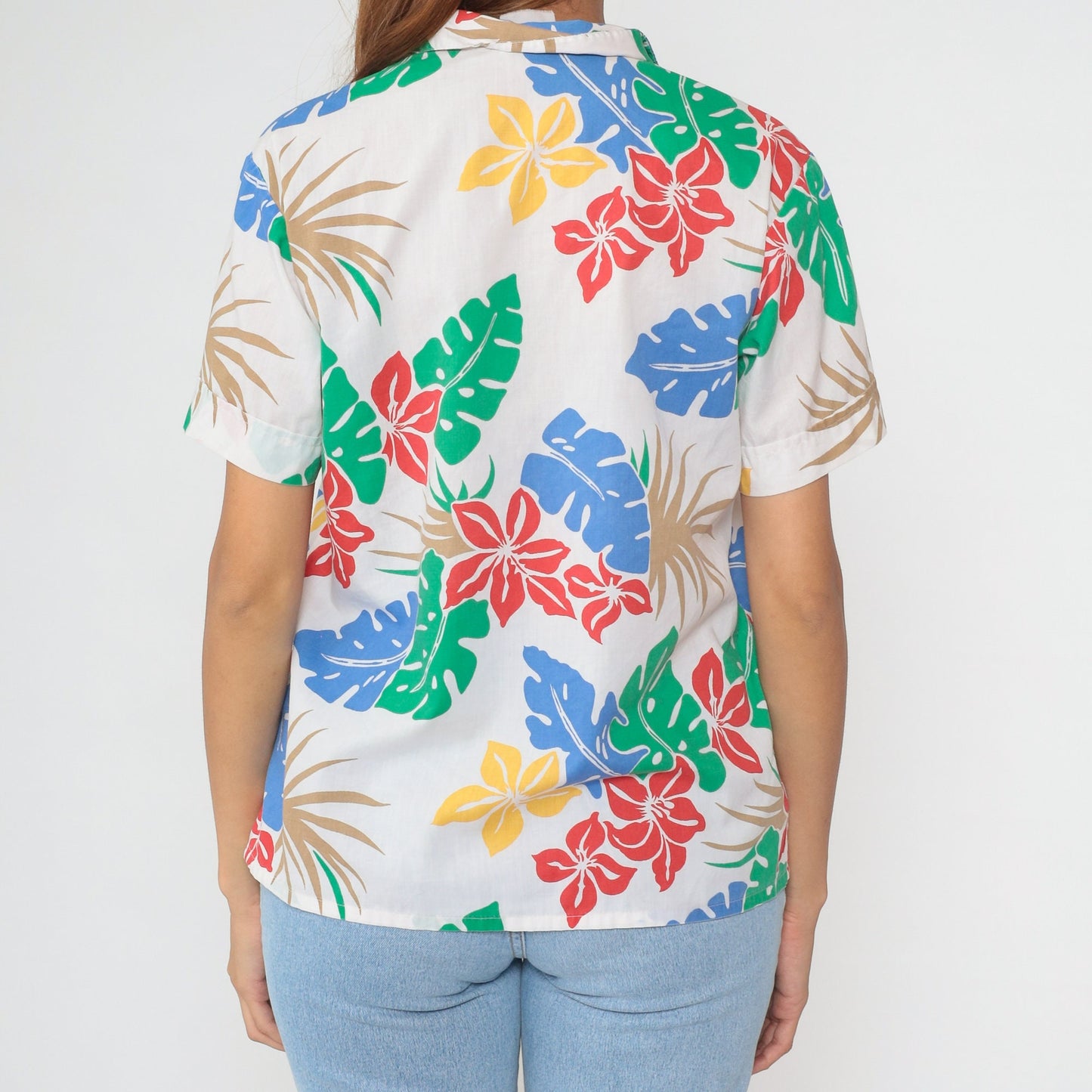 80s Tropical Floral Cotton Button-Up Blouse White Leaf Print Short Sleeve Medium