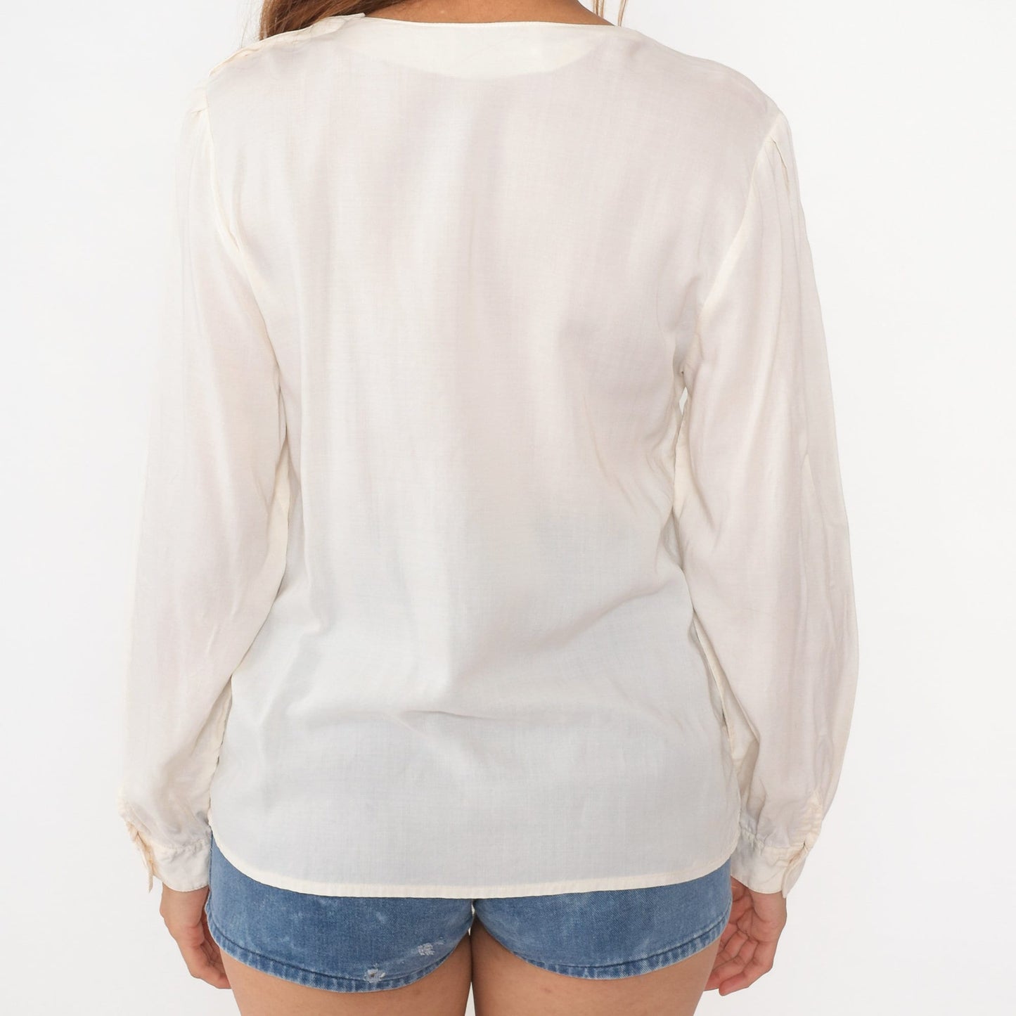 90s White Rayon Blouse Puff Sleeve Shoulder Button Top Medium