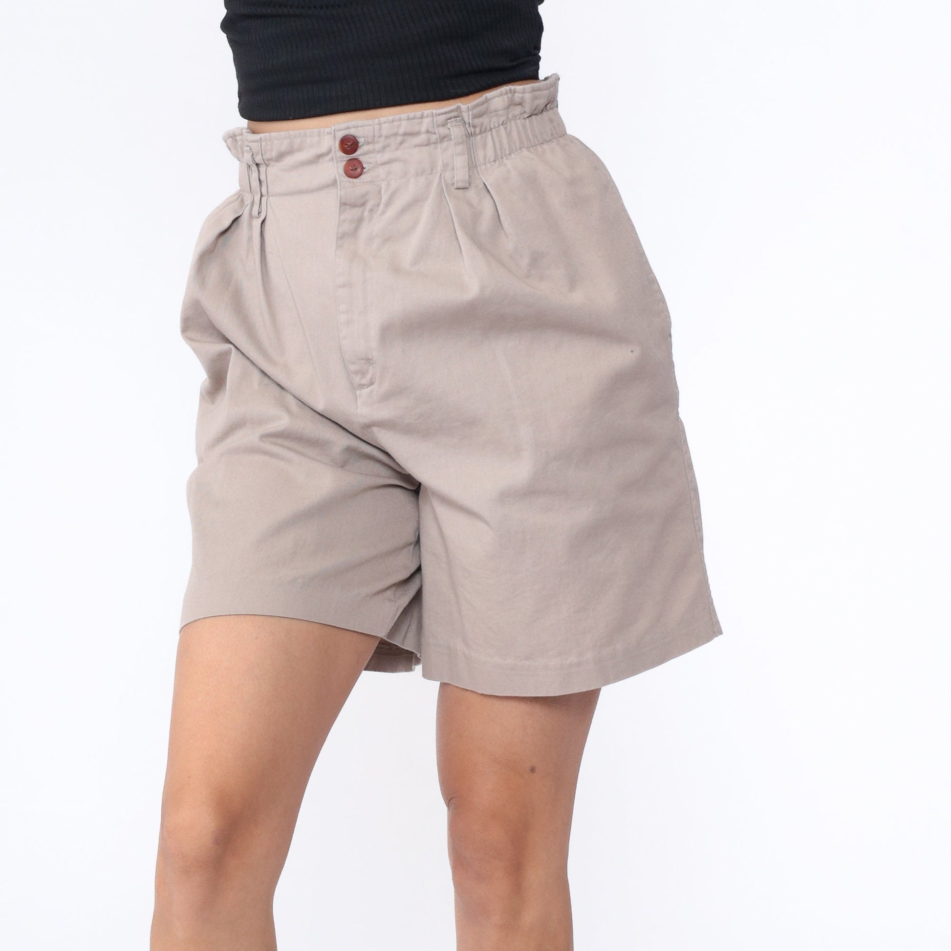 90s Khaki Pleated Paper Bag Shorts High Waisted Cotton Small