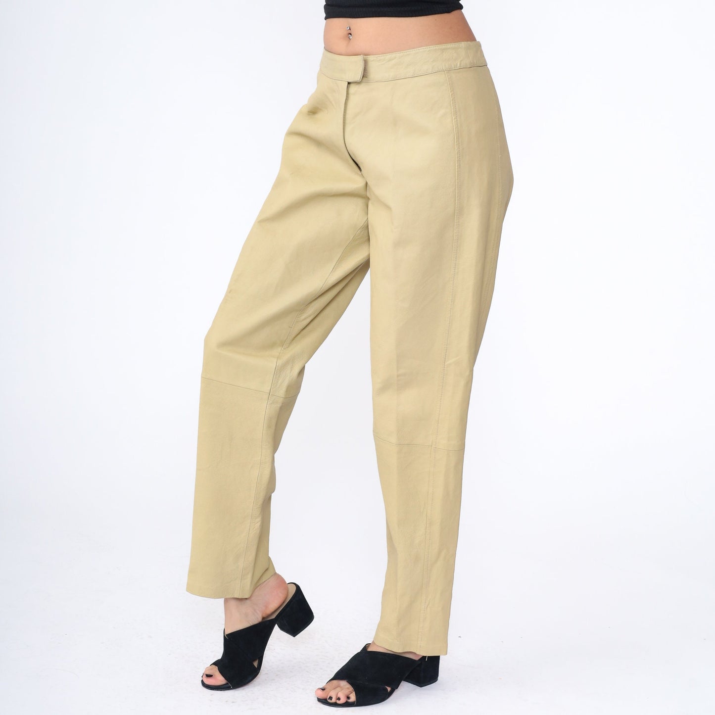 80s Bagatelle Leather Pants High Waist Straight Leg Beige Large