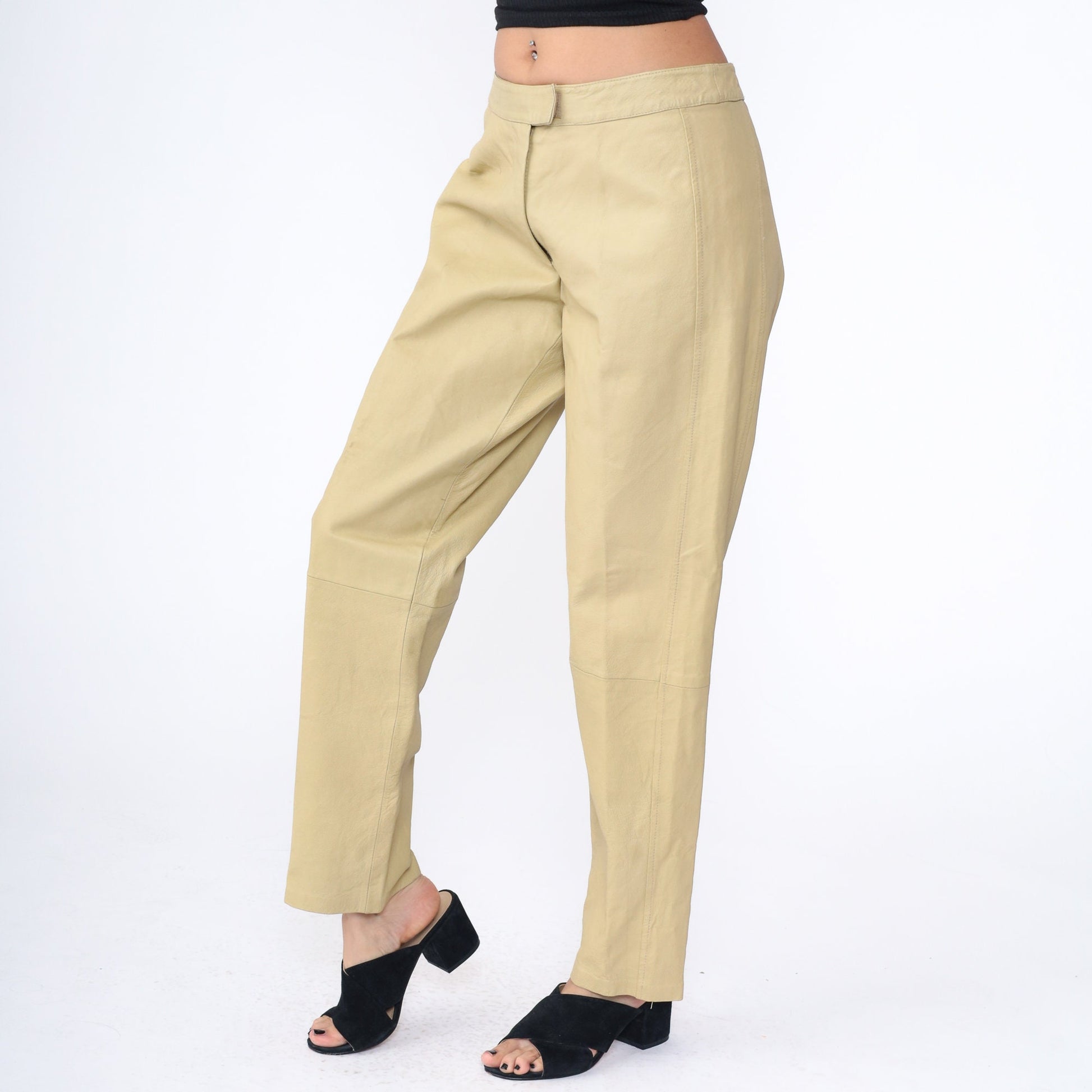 80s Bagatelle Leather Pants High Waist Straight Leg Beige Large