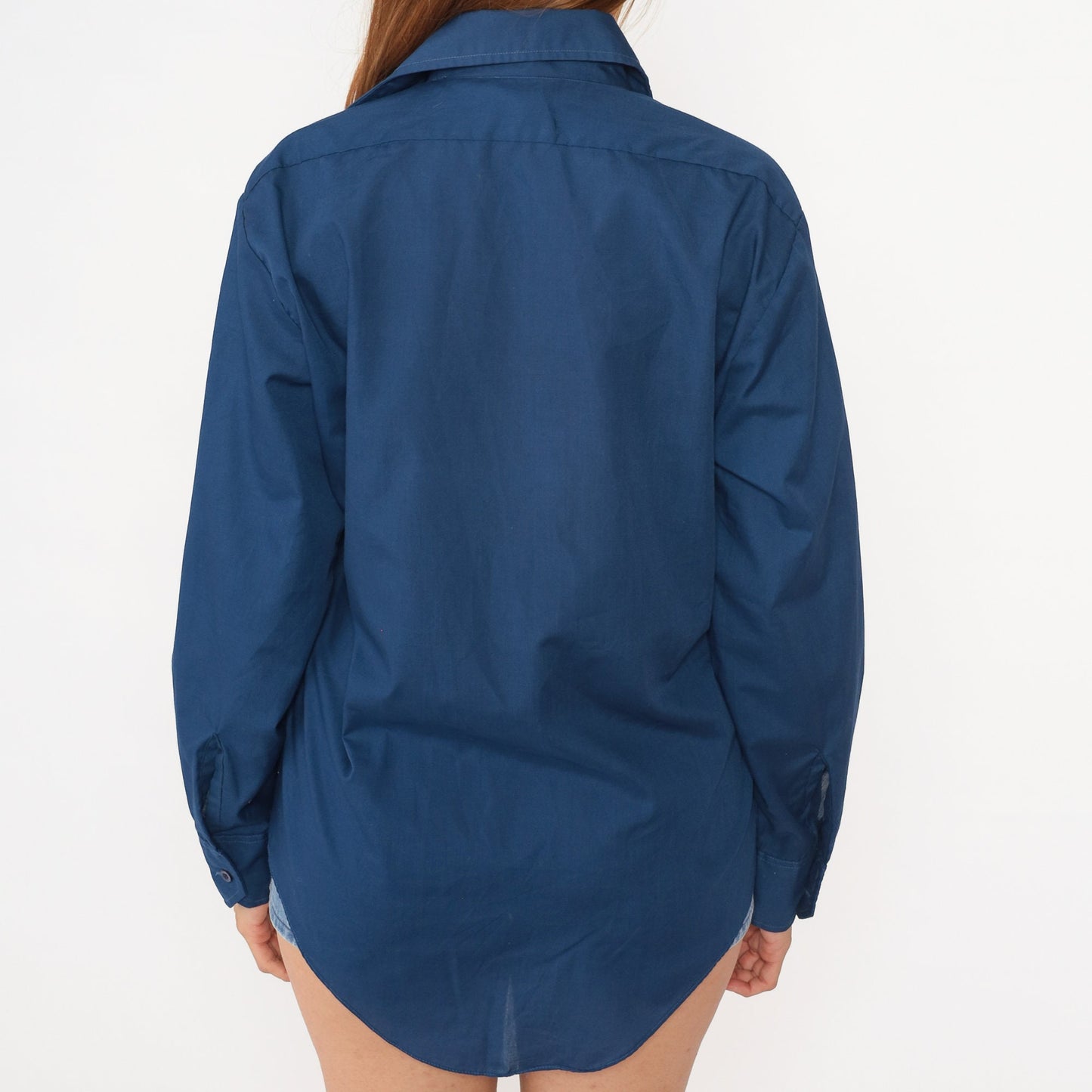 70s Navy Blue Cotton Button-Up Shirt Pointed Collar Long Sleeve Medium