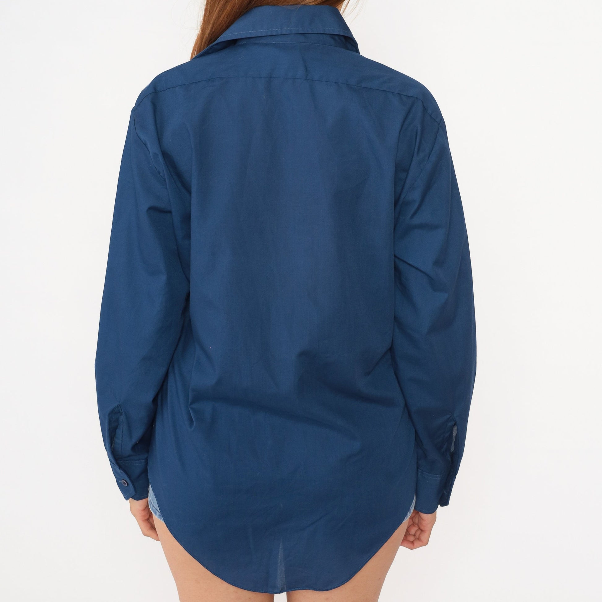 70s Navy Blue Cotton Button-Up Shirt Pointed Collar Long Sleeve Medium