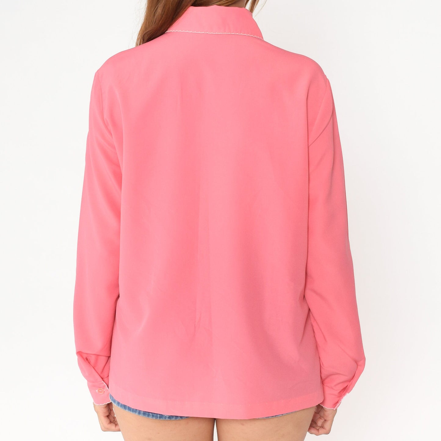 70s Pink Peter Pan Collar Blouse Long Sleeve Button Up Large L