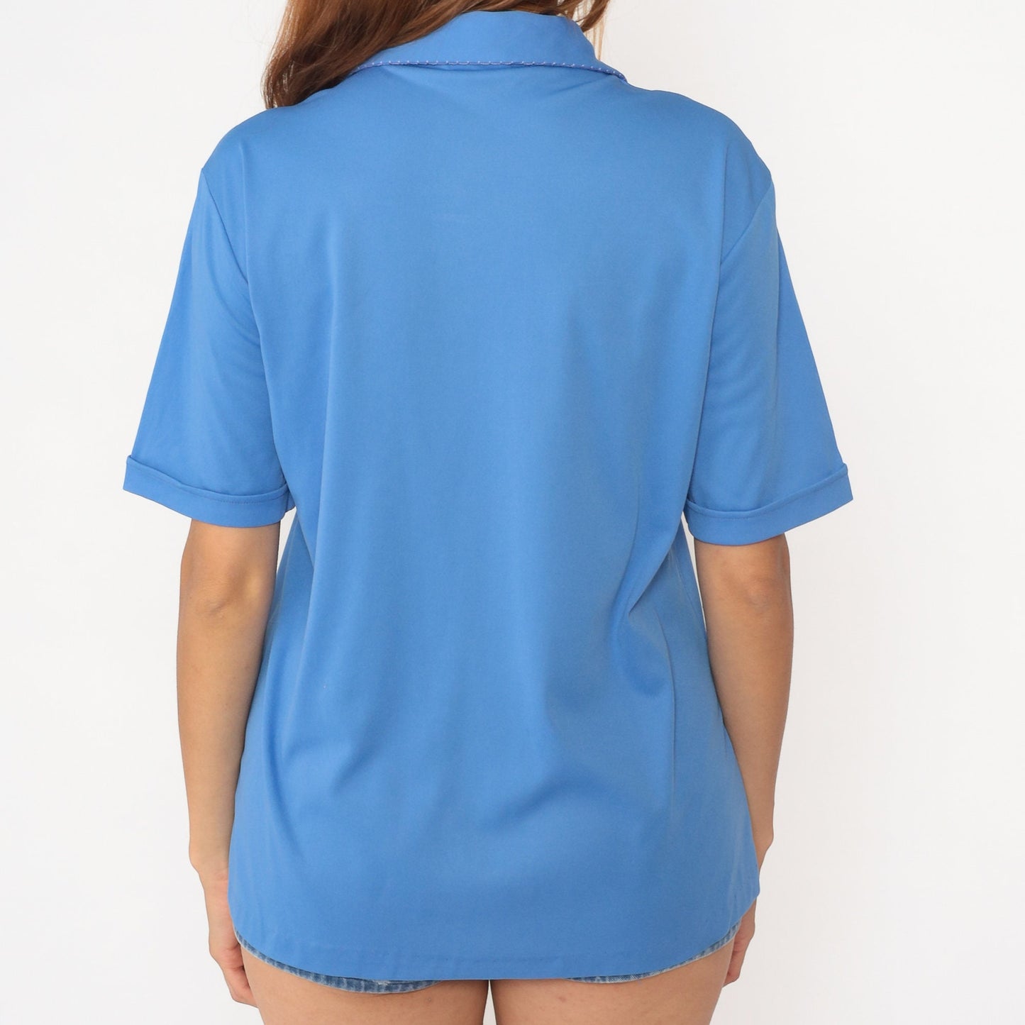70s Blue Button-Up Shirt Pointed Collar Chest Pocket Short Sleeve Medium Large