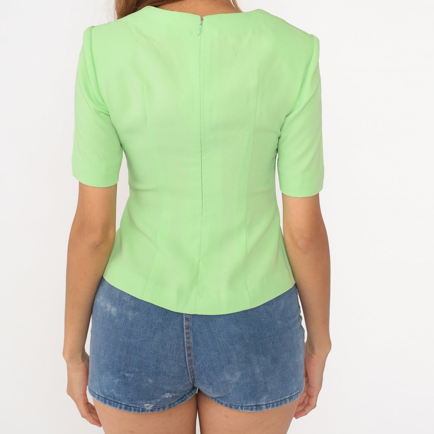 80s Light Green Floral Embroidered Blouse Short Sleeve Fitted Princess Seam Extra Small