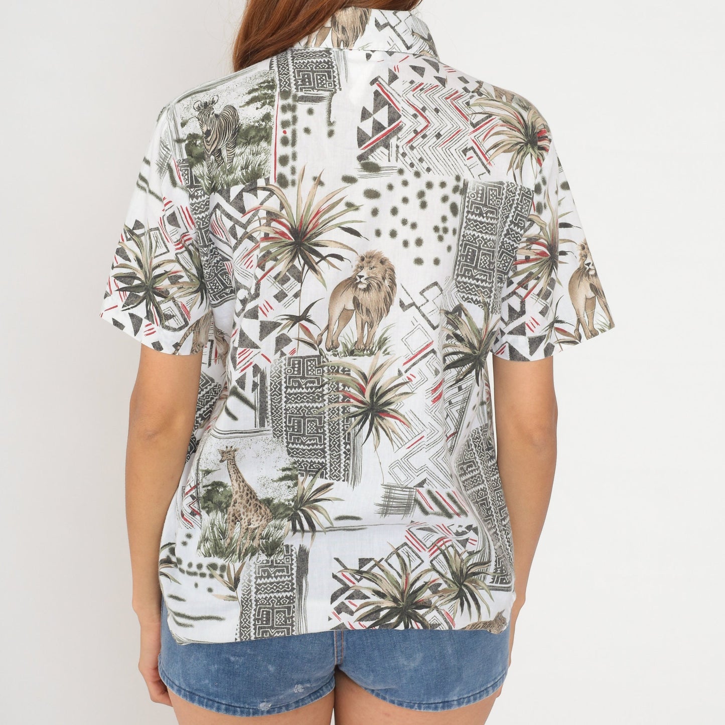90s Safari Animal Print Button Up Shirt Jungle Zebra Lion Tiger Giraffe White Medium