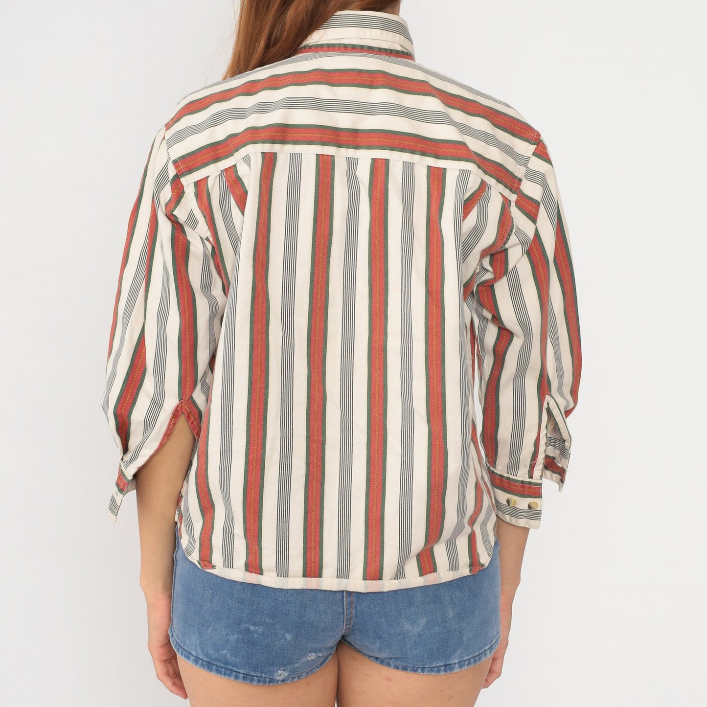 90s Dockers Striped Button-Up Shirt White Red Navy Green 3/4 Sleeve Medium