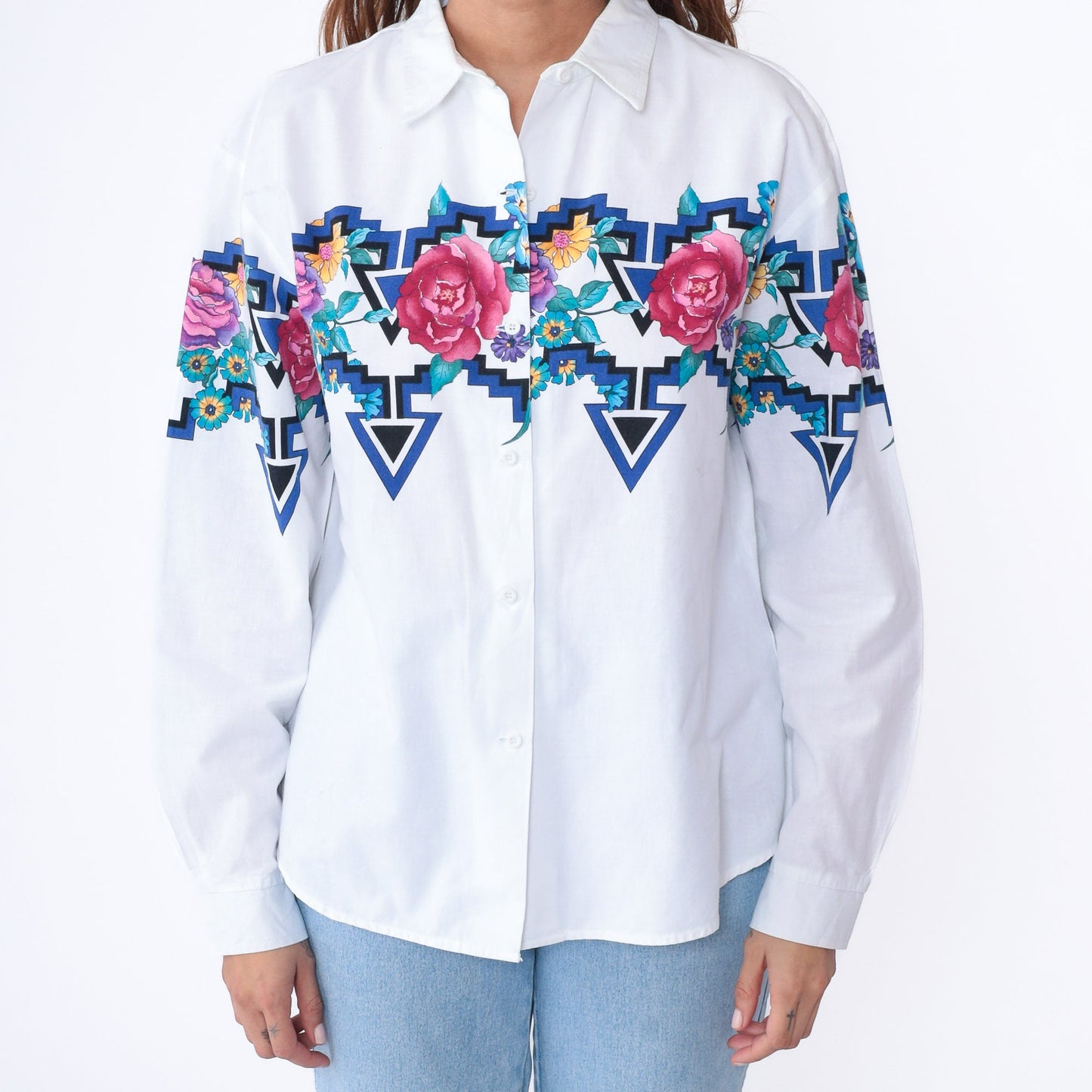 90s Roper Floral Western Shirt White Cotton Button Up Large
