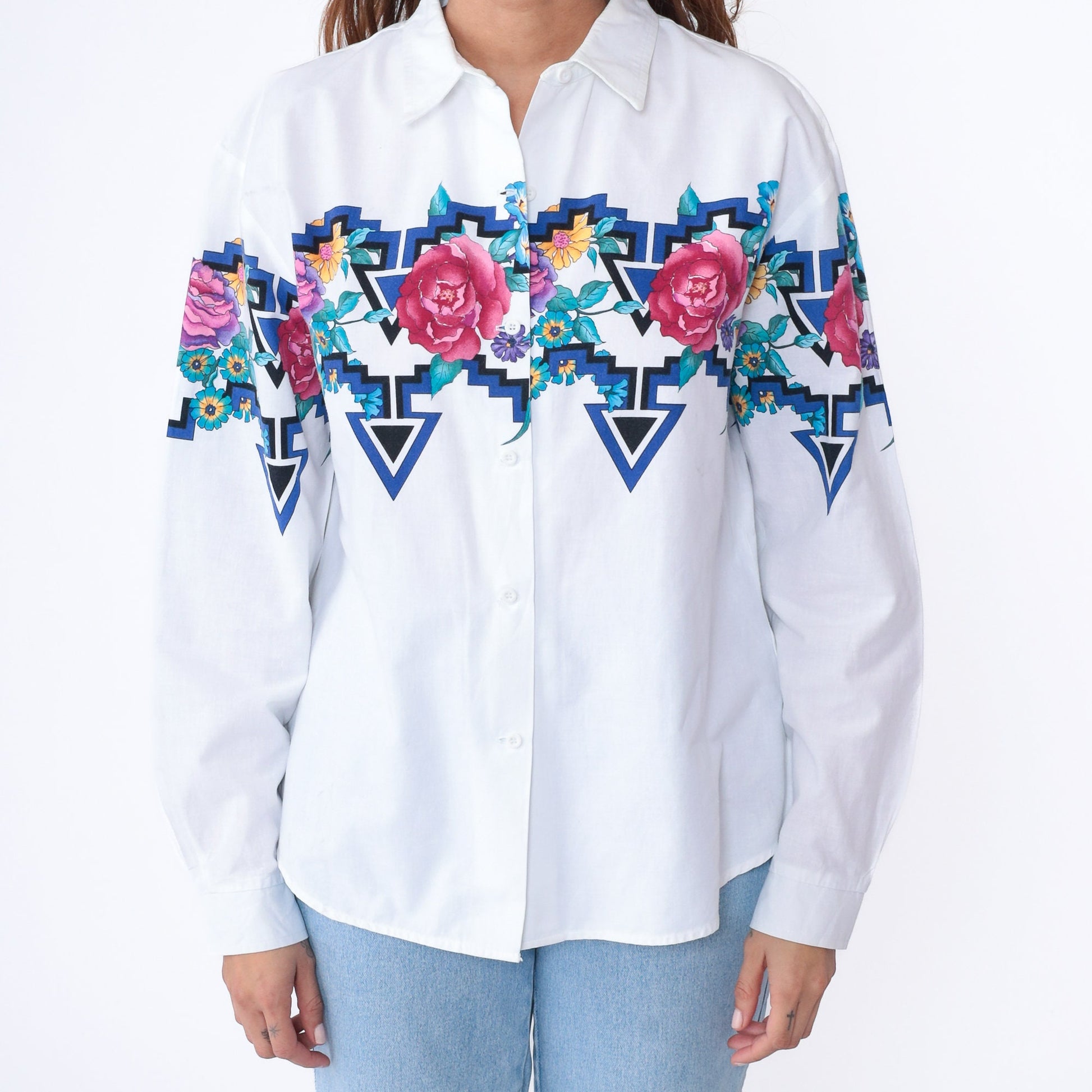 90s Roper Floral Western Shirt White Cotton Button Up Large