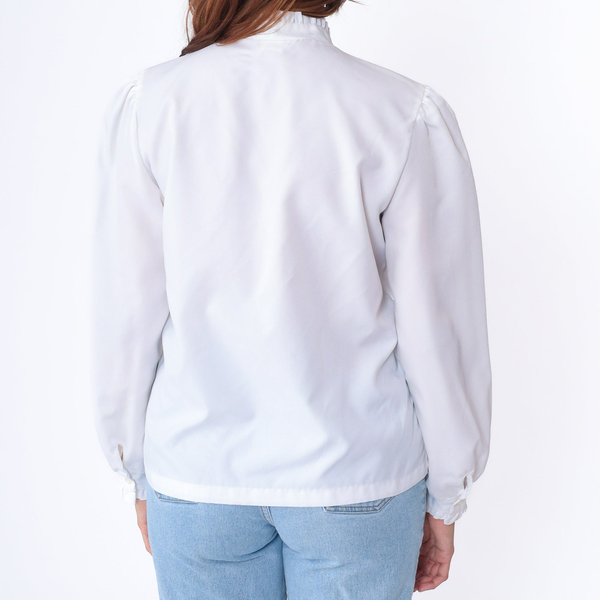 80s White Eyelet Blouse Embroidered Puff Sleeve Button Up Medium