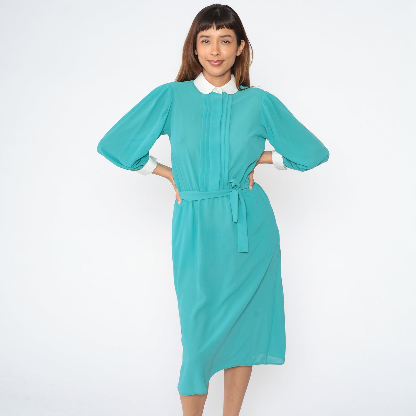 80s Turquoise Midi Dress Peter Pan Collar Puff Sleeve High Waist Small