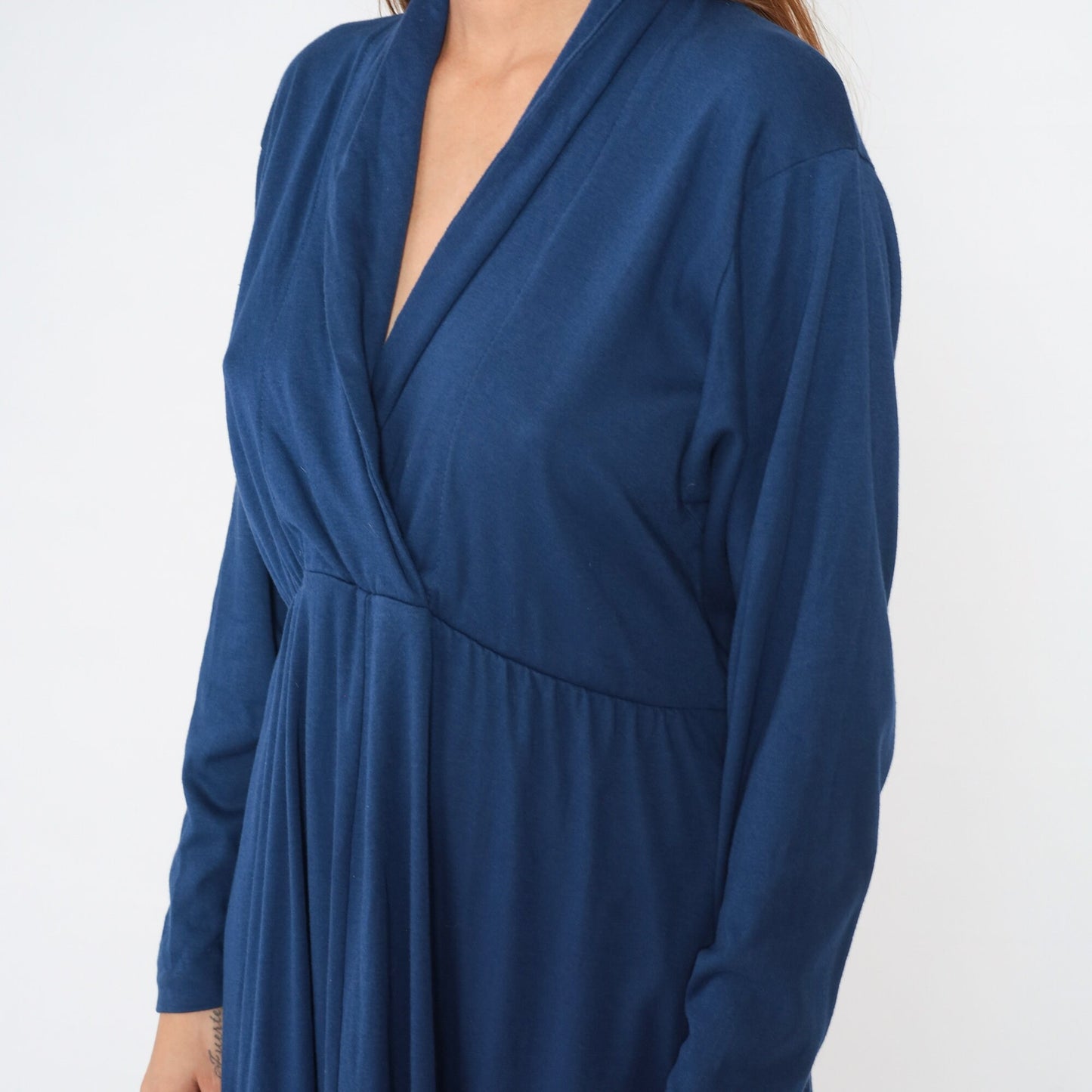 70s Dark Blue Wrap Midi Dress High Waist Surplice Long Sleeve Large 12