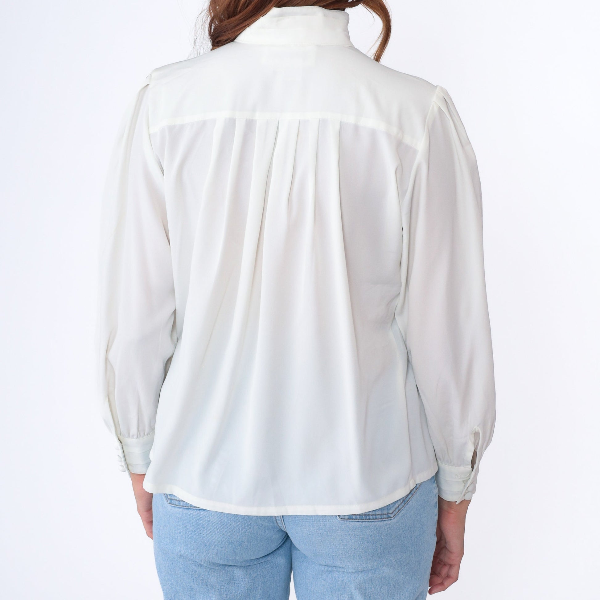 80s White Puff Sleeve Blouse Pleated Mandarin Collar Hidden Button Semi-Sheer Medium