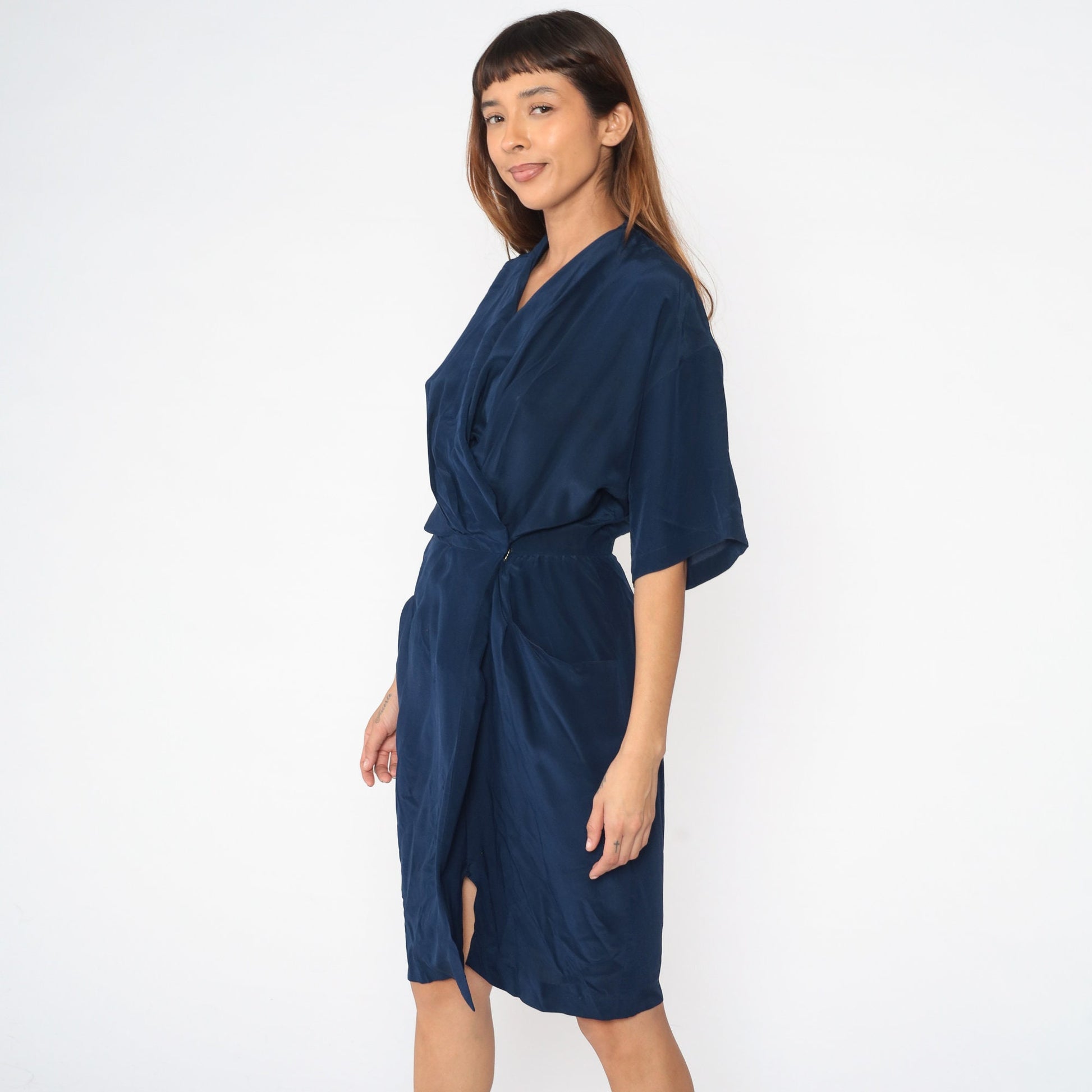 90s Navy Silk Wrap Dress Midi V-Neck High Waist Half Sleeve Small