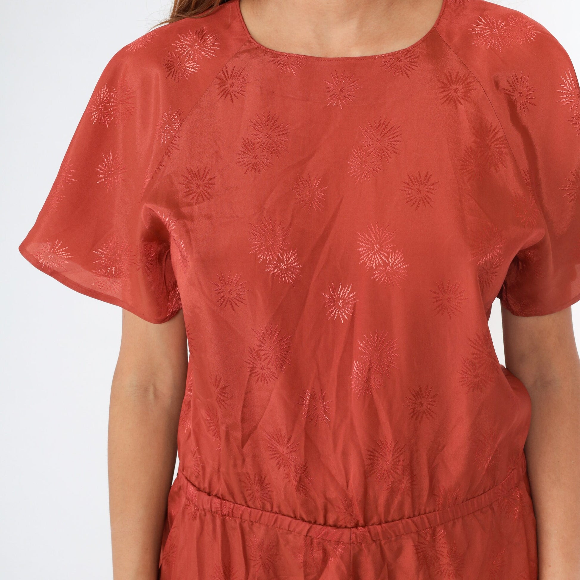 70s Rust Floral Embroidered Midi Dress Elastic Waist Raglan Medium