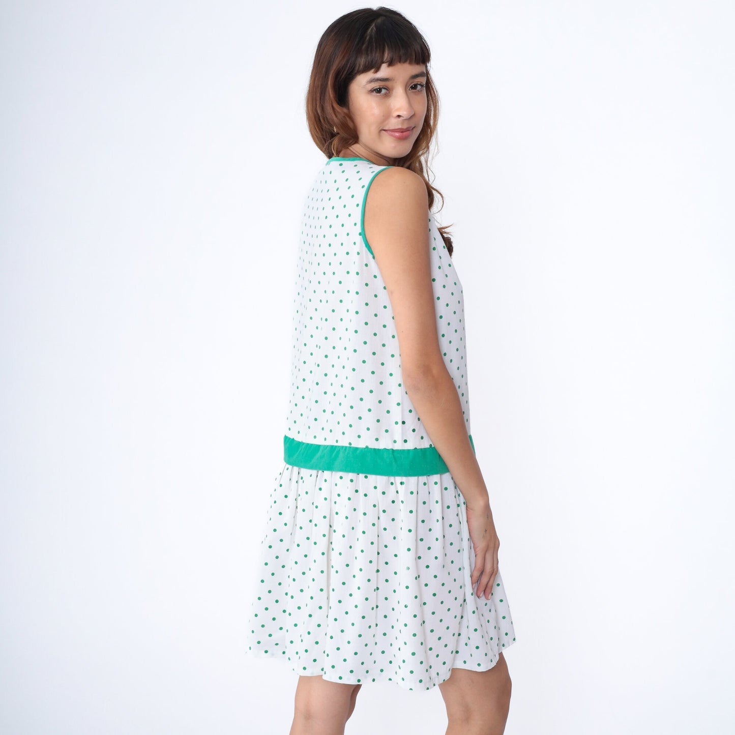 80s White Green Polka Dot Drop Waist Mini Dress V Neck Bow Small