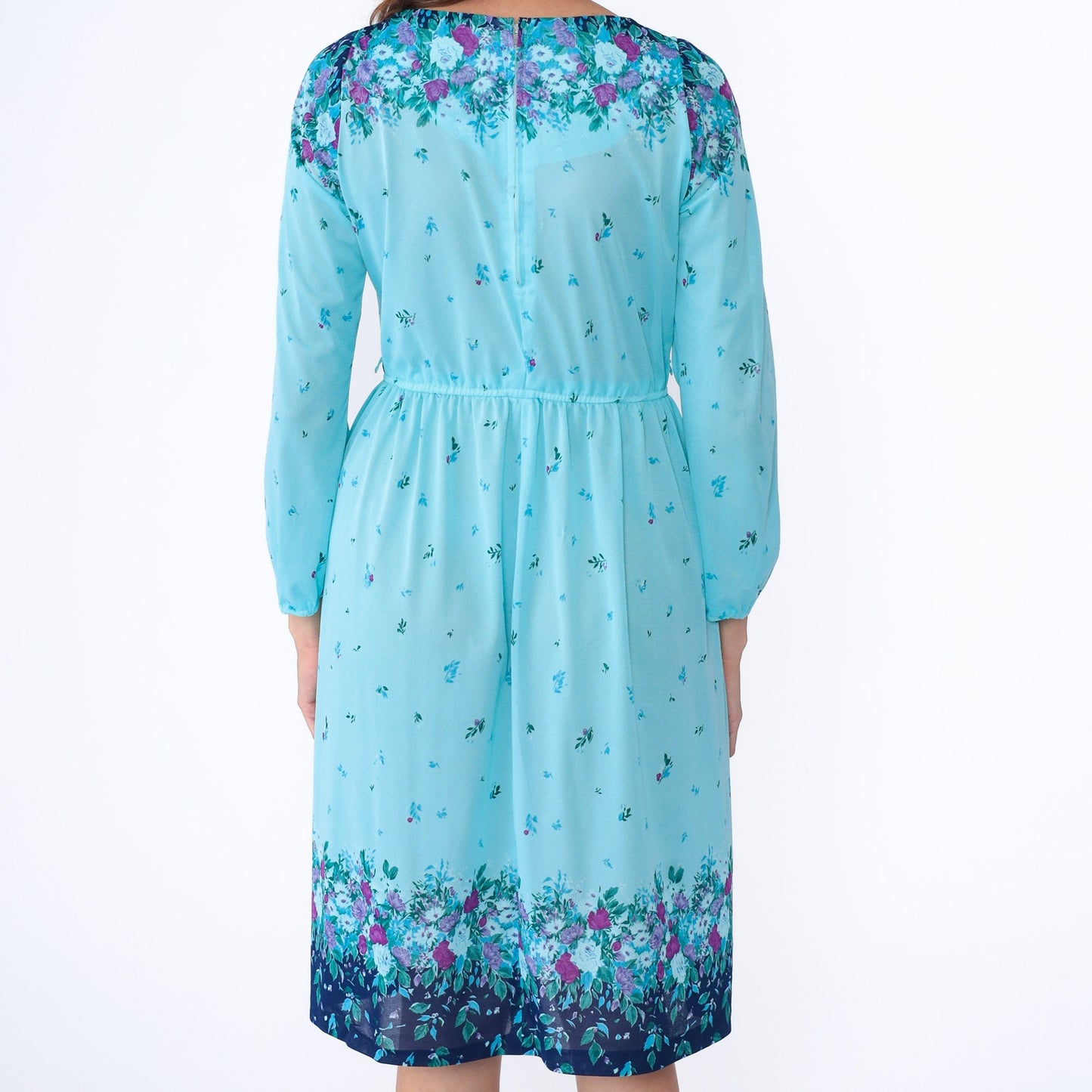 70s Blue Floral Midi Dress Cowl Neck High Waist Long Sleeve Small