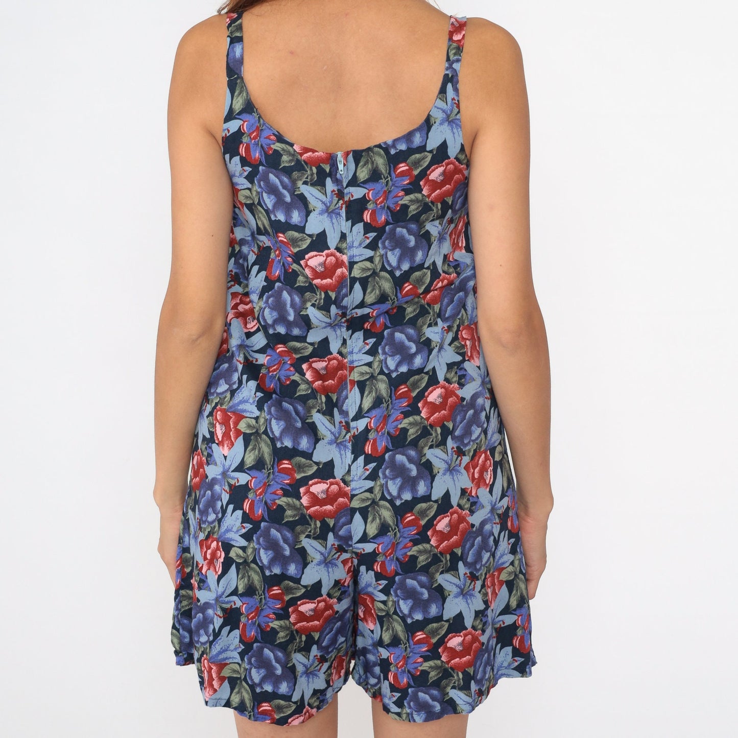 90s Impressions Tropical Floral Romper Blue Spaghetti Strap Playsuit Medium