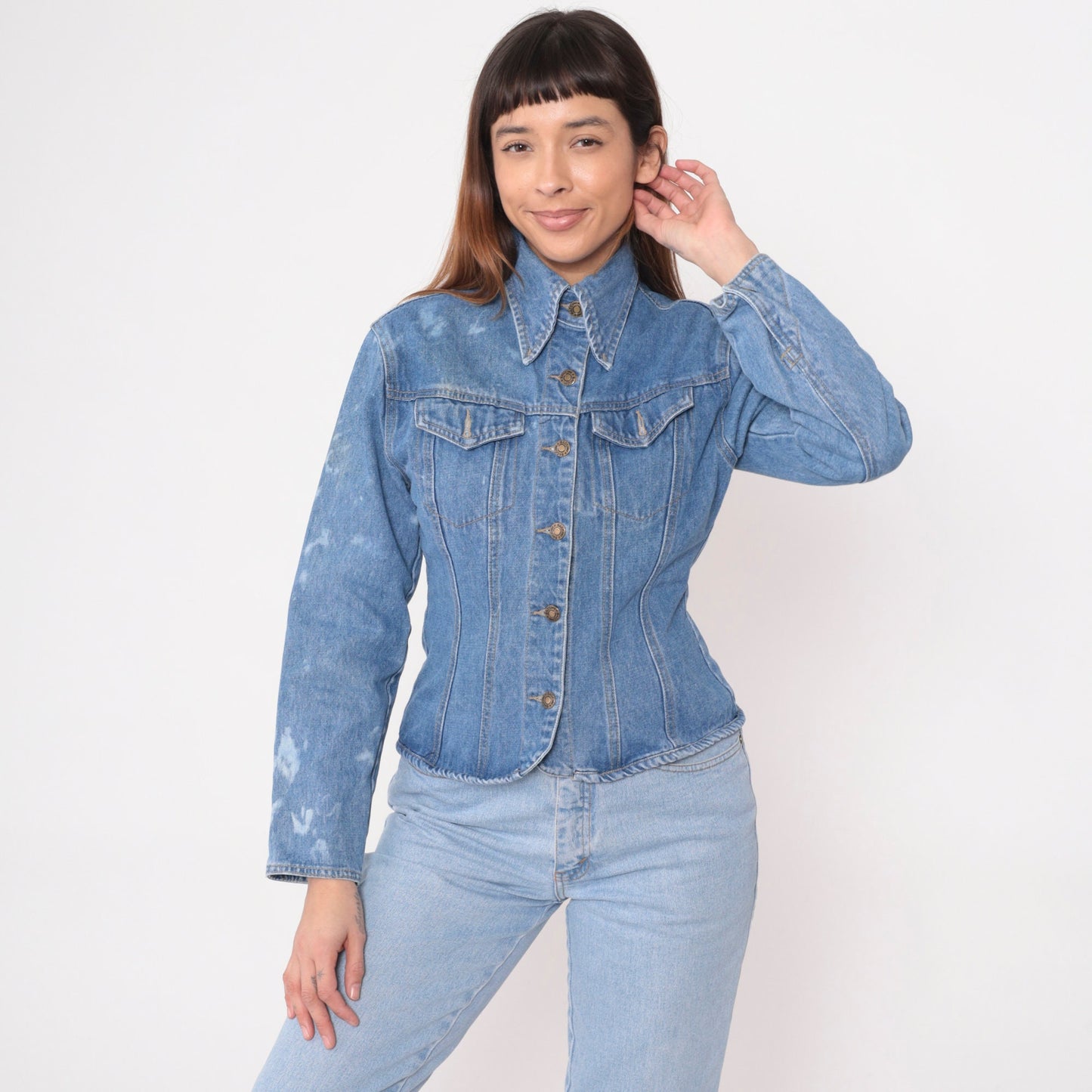90s Baccini Bleach Splatter Denim Jacket Fitted Blue Stone Wash Small