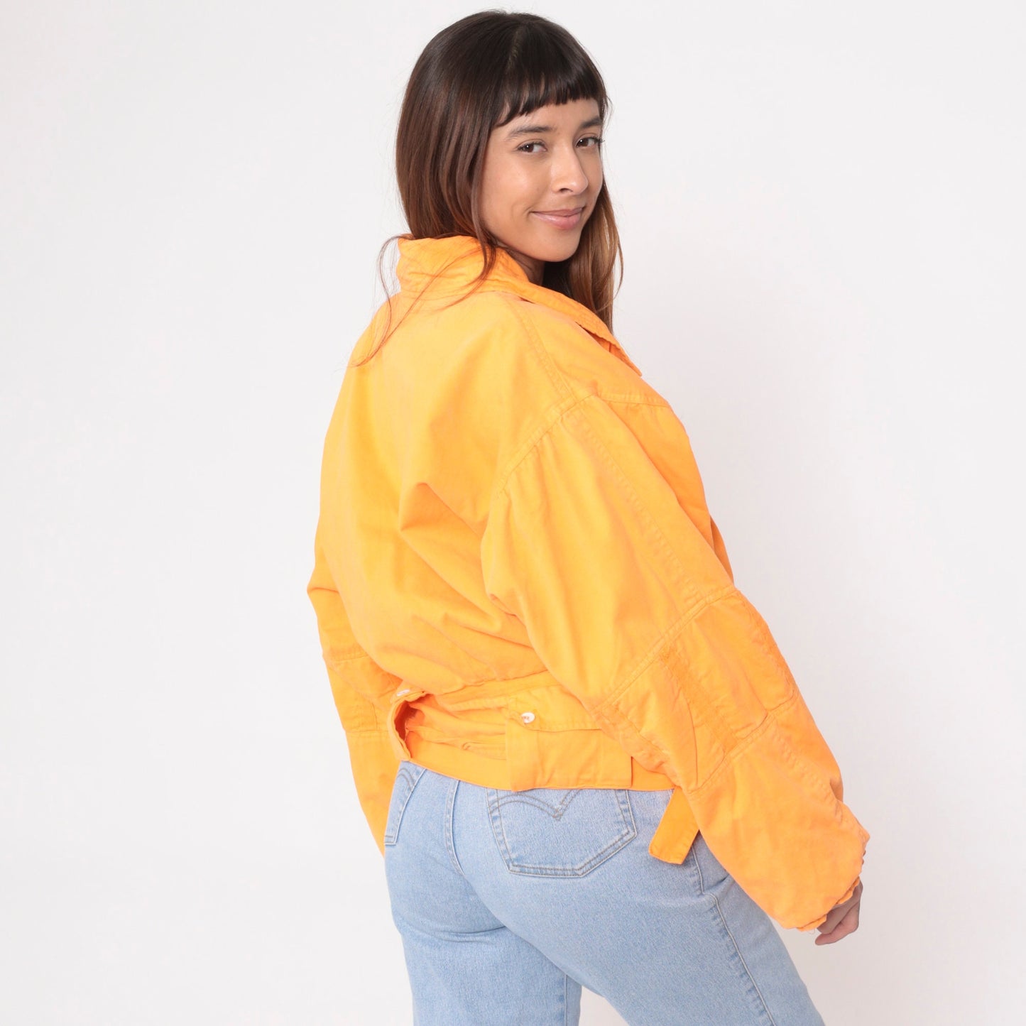 90s Orange Cotton Puffer Jacket Zip Cargo Pockets Small S