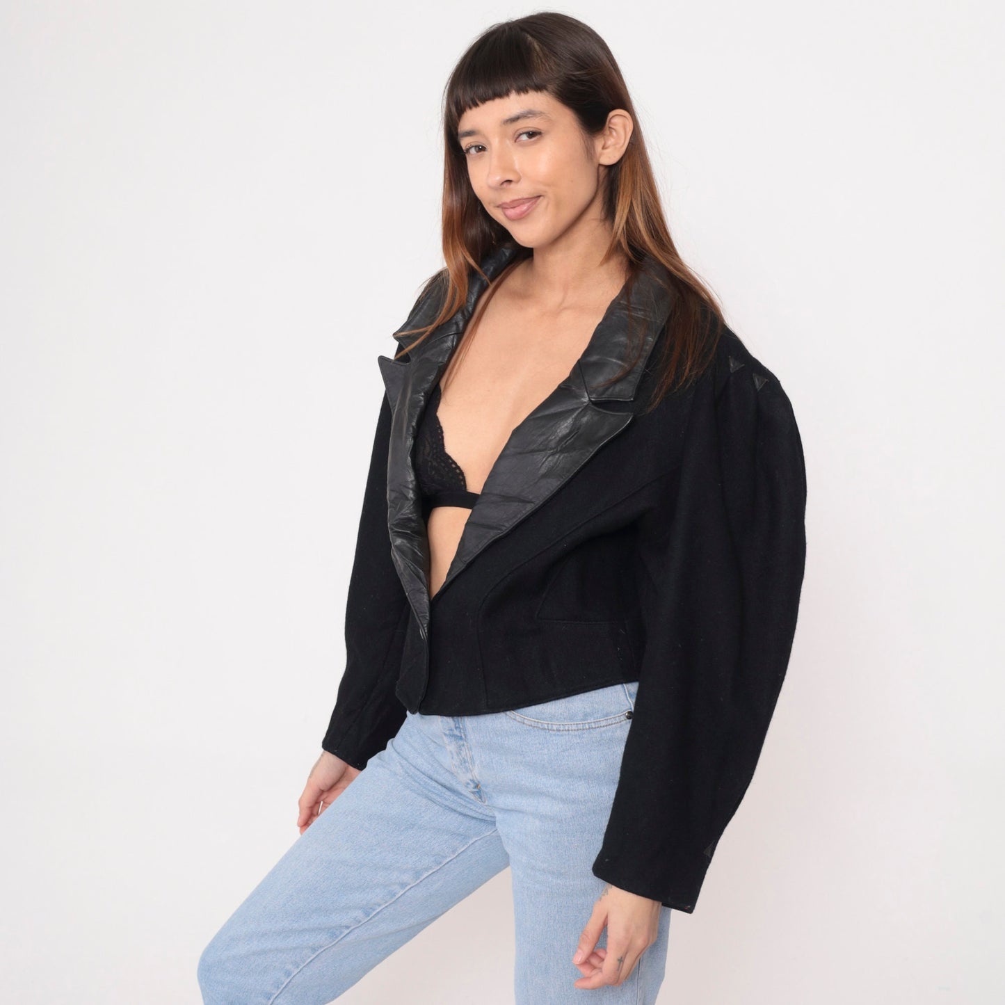 80s Jonathan Stevens Black Wool Blazer Leather Collar Deep V Neck Large L