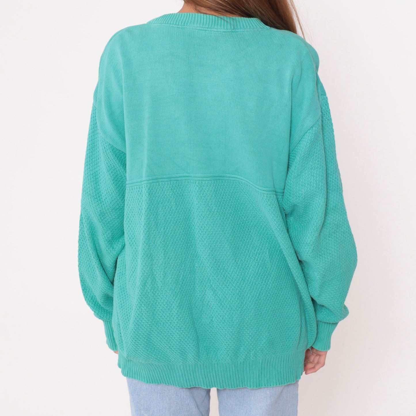 90s Andrew Rohan Jaguar Cotton Knit Sweater Aqua Green Extra Large XL